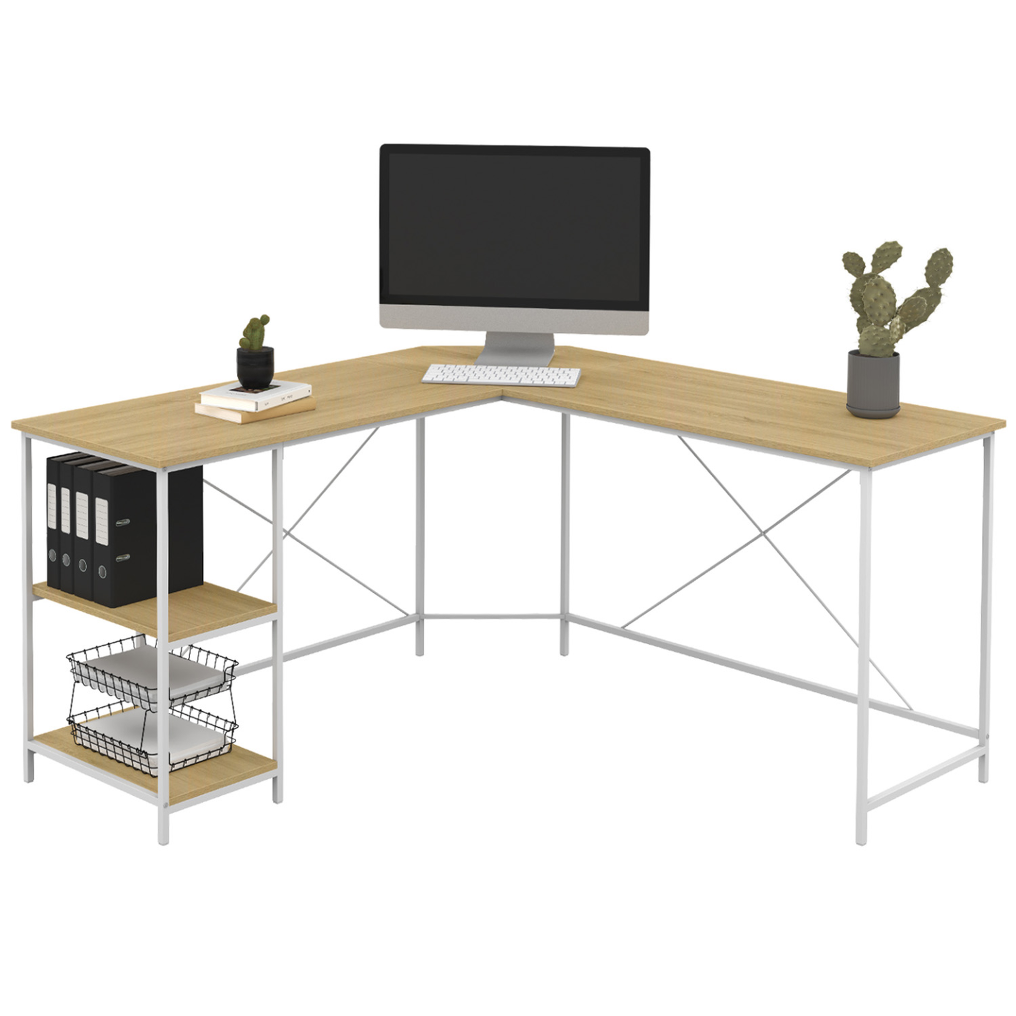 ID MARKET Bureau d'angle en forme de l detroit design industriel bois et métal blanc