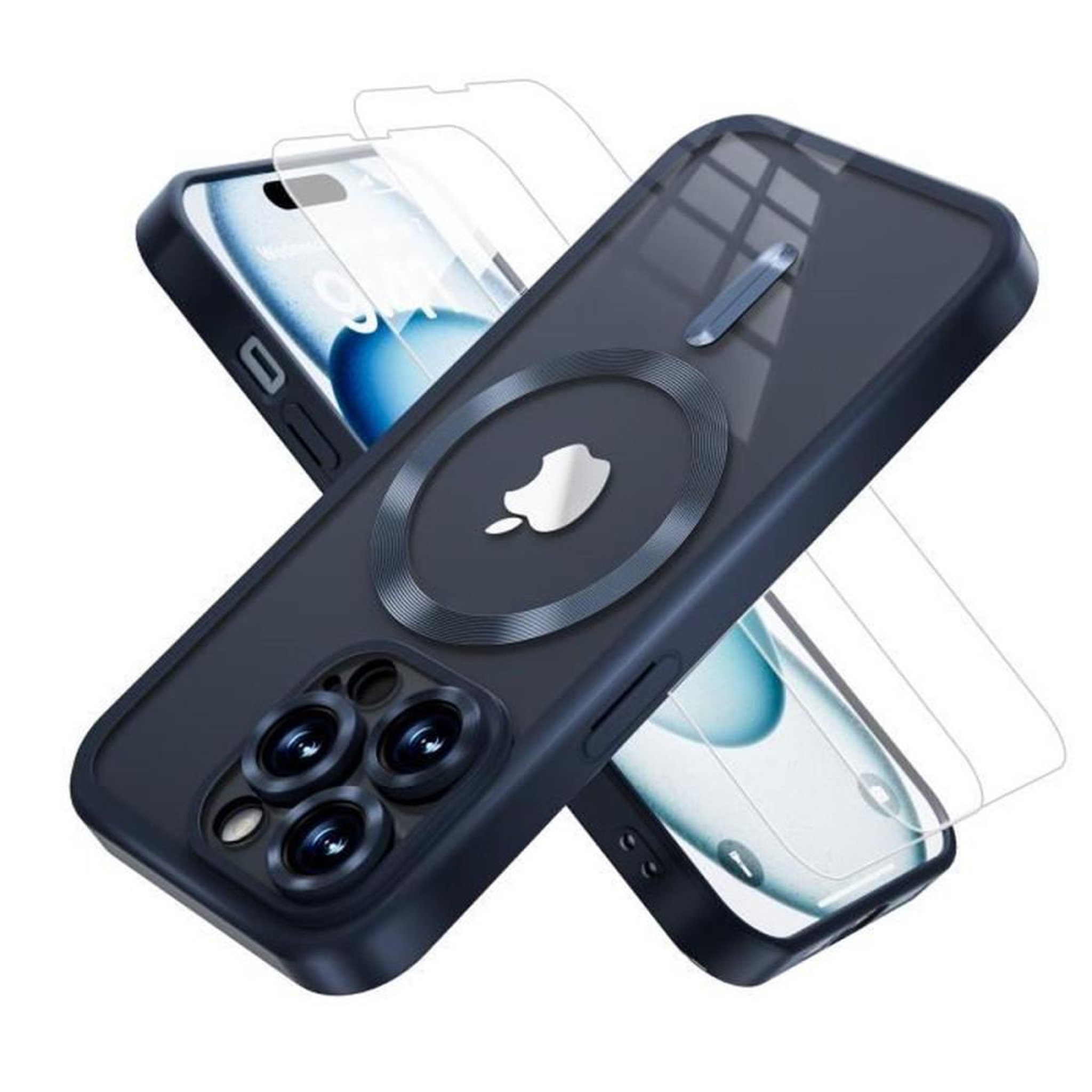 Coque TPU magnétique de protection militaire pour iPhone 14 Pro Max, transparente bleu anti-jaunissement