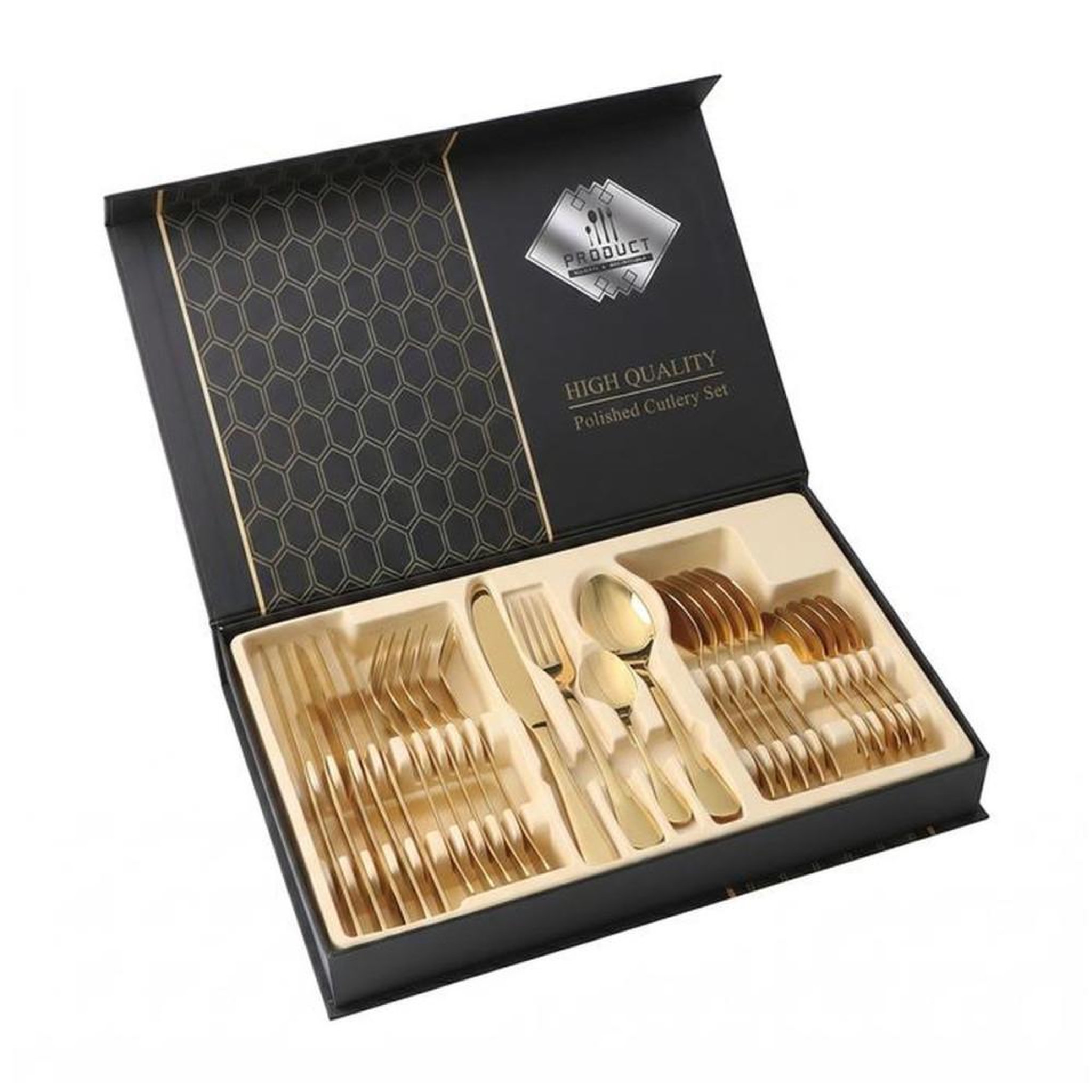 Set de couverts 24 pièces en acier inoxydable 304 finition or brossée, poignées ergonomiques, coffret cadeau pour 6 personnes