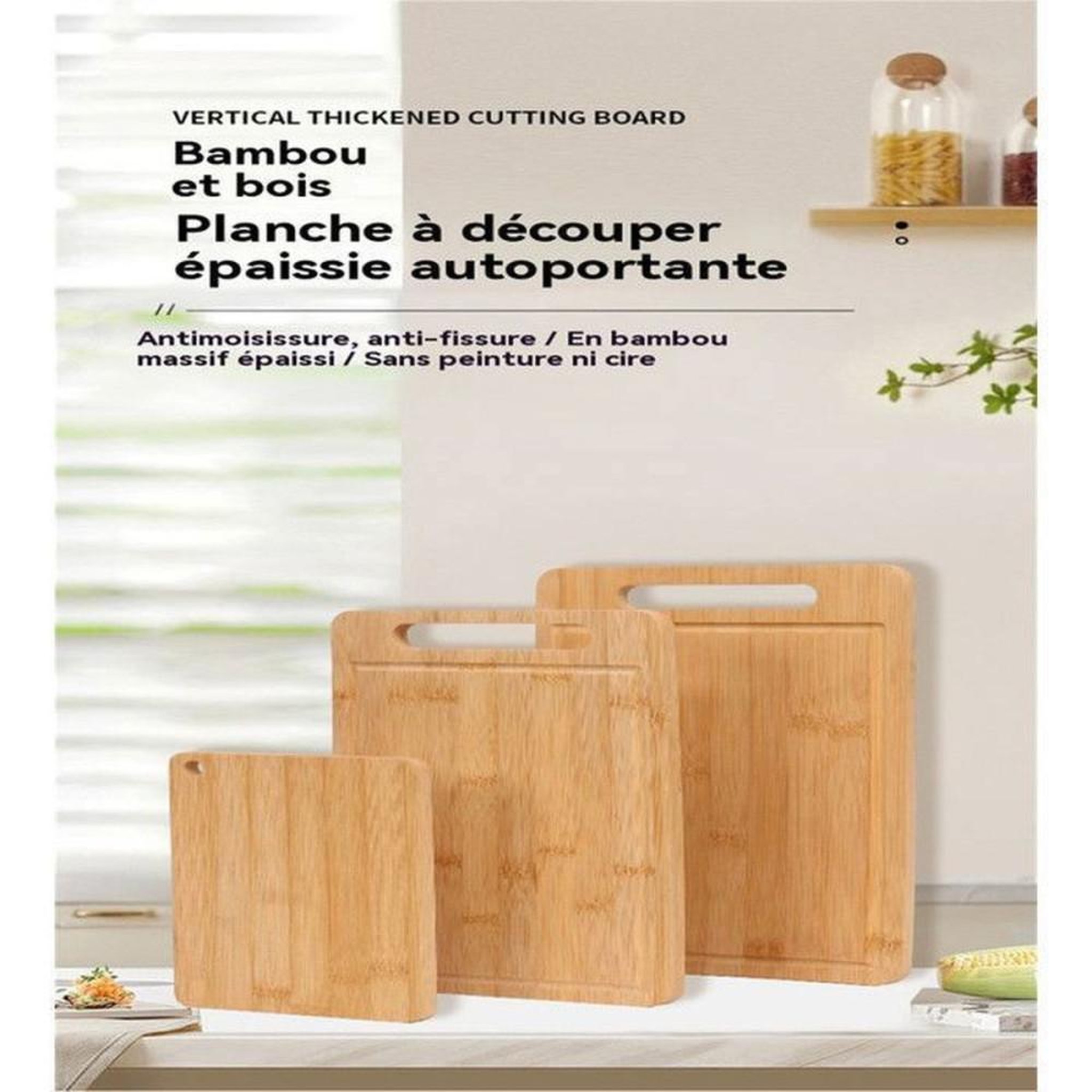 Voir la diapositive 2 : Set de 3 planches à découper en bambou double face antibactériennes 20 30 34 cm, imperméables et résistantes aux rayures, bords arrondis et poignées intégrées
