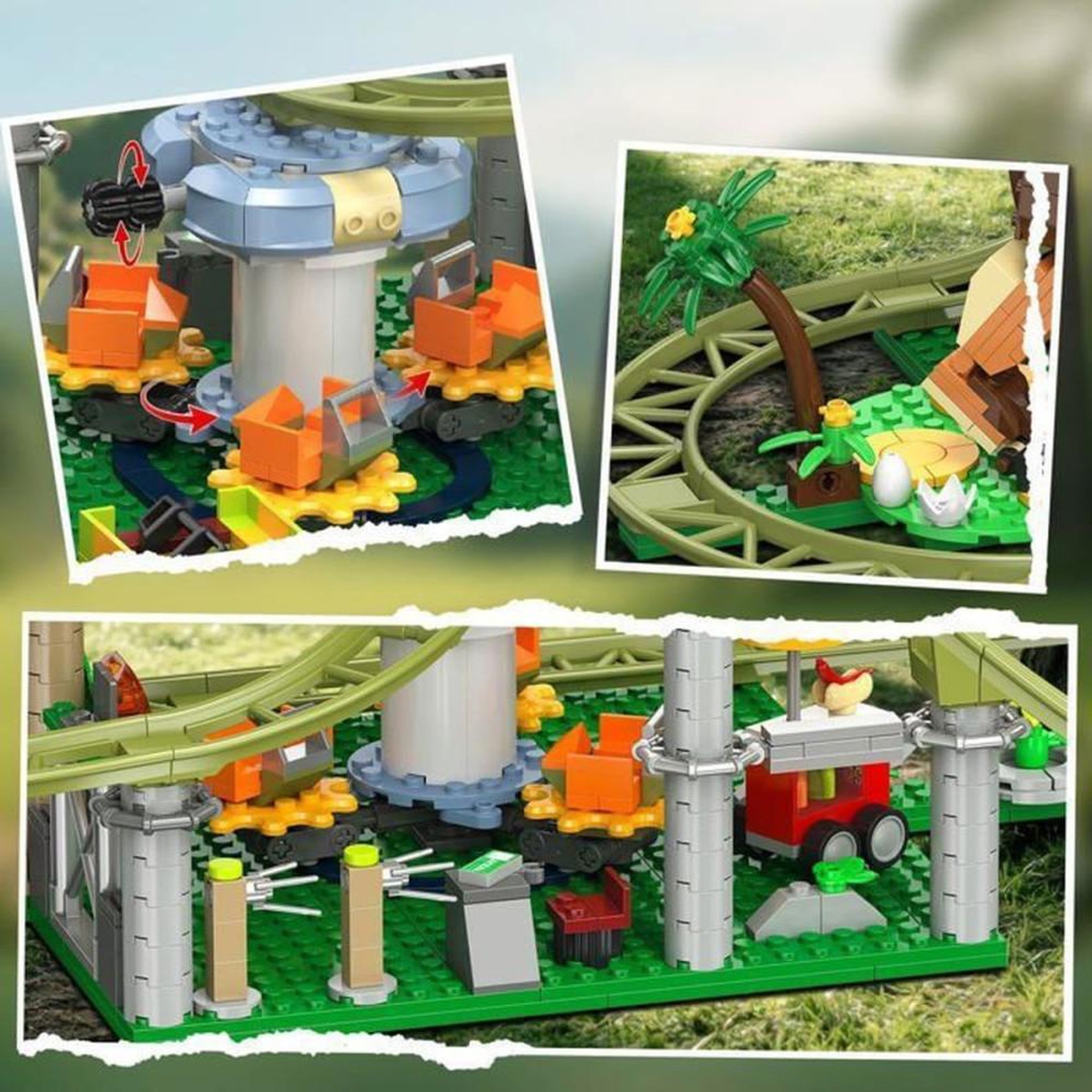 Voir la diapositive 5 : Kit de construction roller coaster dinosaures 1222 pièces, piste verte, 4 figurines et véhicules jungle