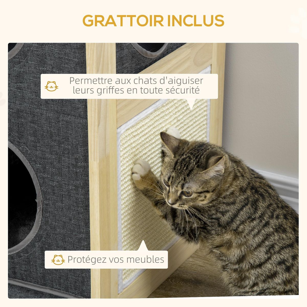 PAWHUT Maison grattoir pour chat - niche chat panier chat - 2 coussins housses amovibles, 2 niv. - bois de pin polyester gris