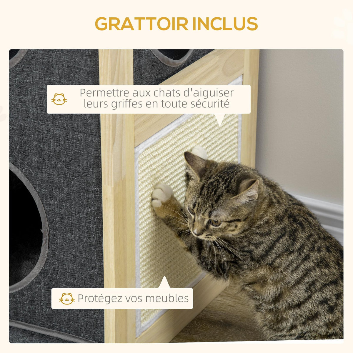 PAWHUT Maison grattoir pour chat - niche chat panier chat - 2 coussins housses amovibles, 2 niv. - bois de pin polyester gris