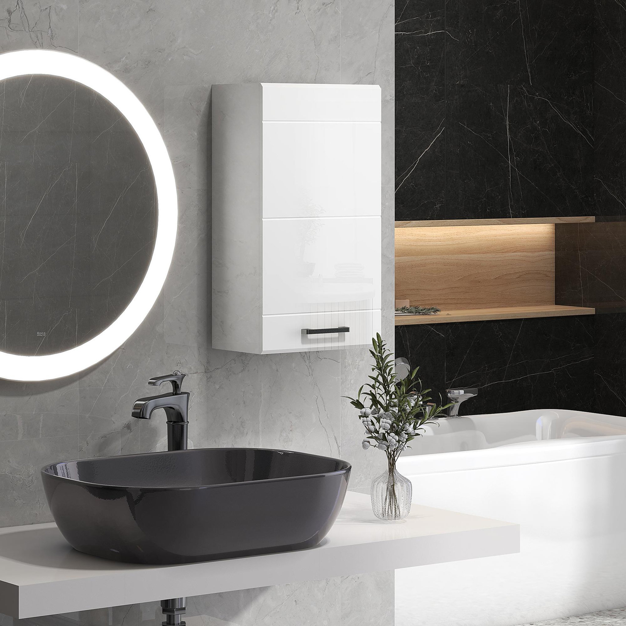 Voir la diapositive 2 : KLEANKIN Armoire haute murale de salle de bain ou wc - placard porte 2 étagères - dim. 41l x 18l x 52h cm - mdf blanc mat laqué