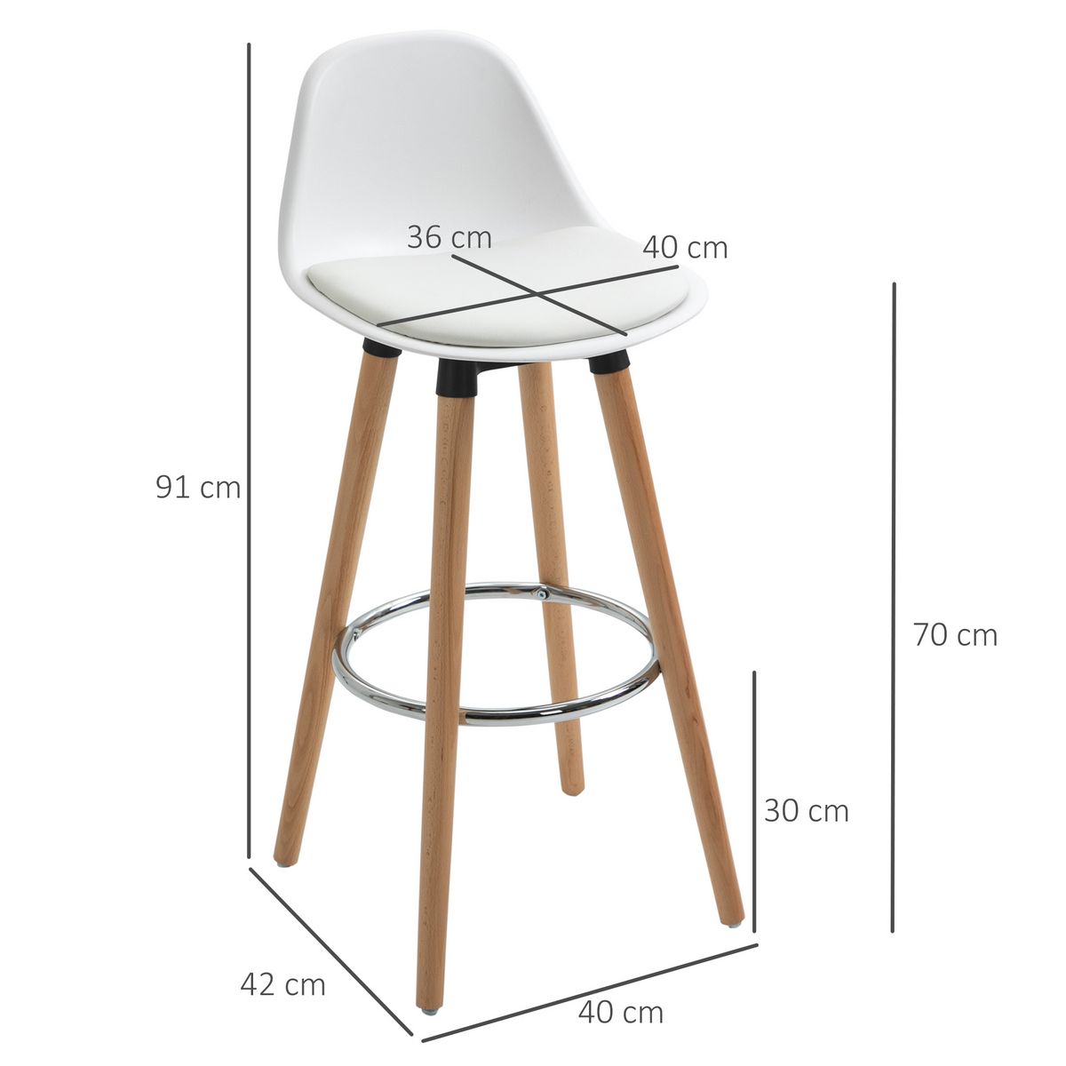 HOMCOM Tabourets de bar style scandinave - lot de 2 tabourets de bar avec repose-pieds - piètement bois de hêtre assise PU blanc