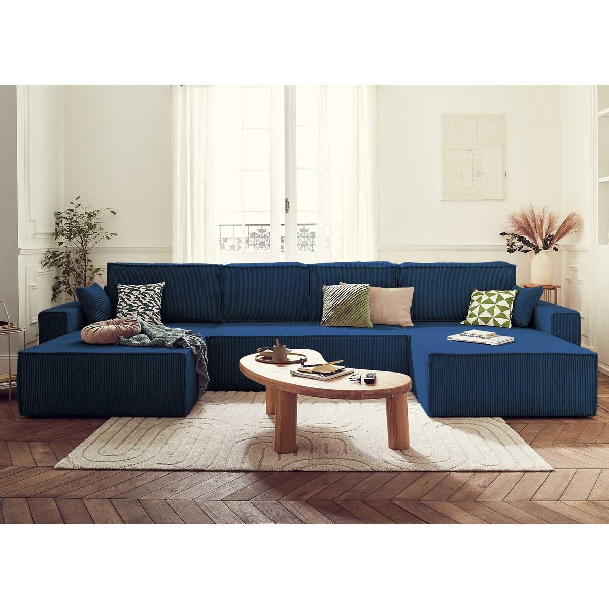 BEST MOBILIER Dellia - canapé panoramique en u - 7 places - convertible - avec coffre - en velours côtelé