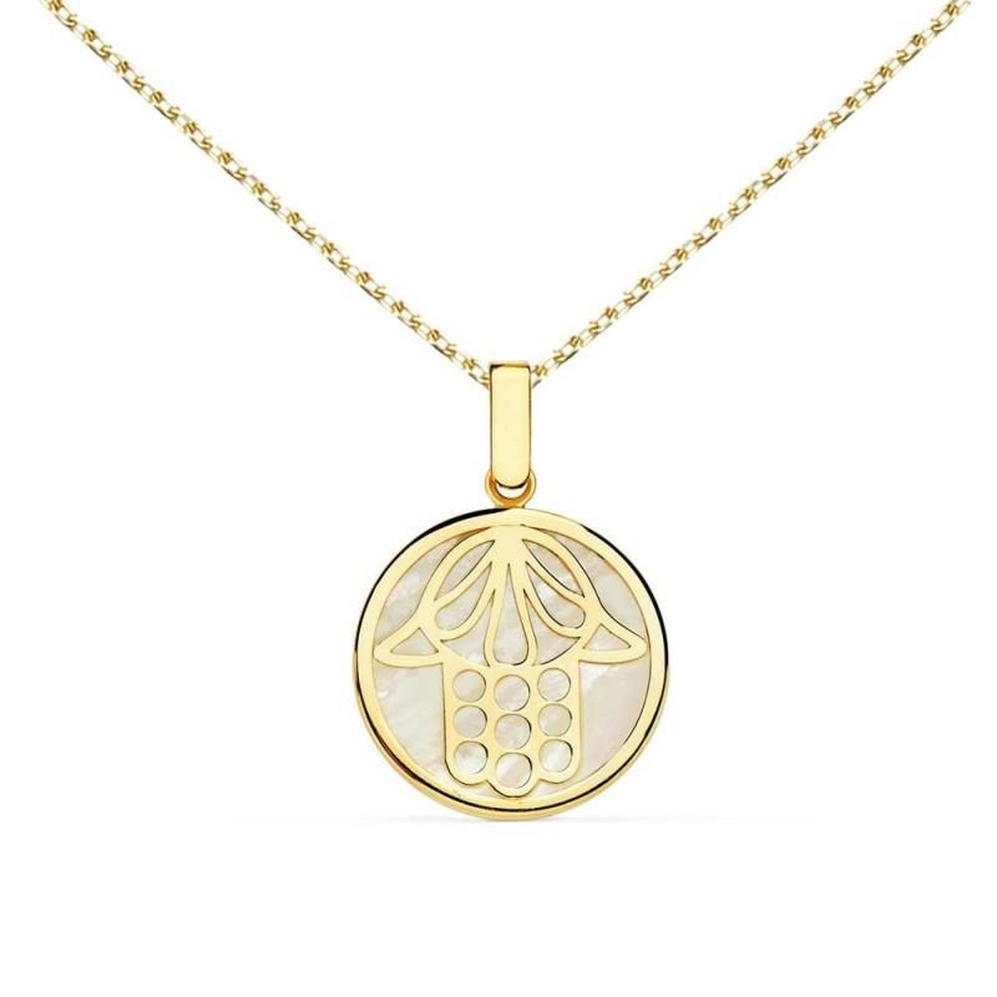 L'ATELIER D'AZUR Collier - Pendentif Main de Fatma Or 18 Carats 750/000 Jaune et Nacre - Chaine Dorée