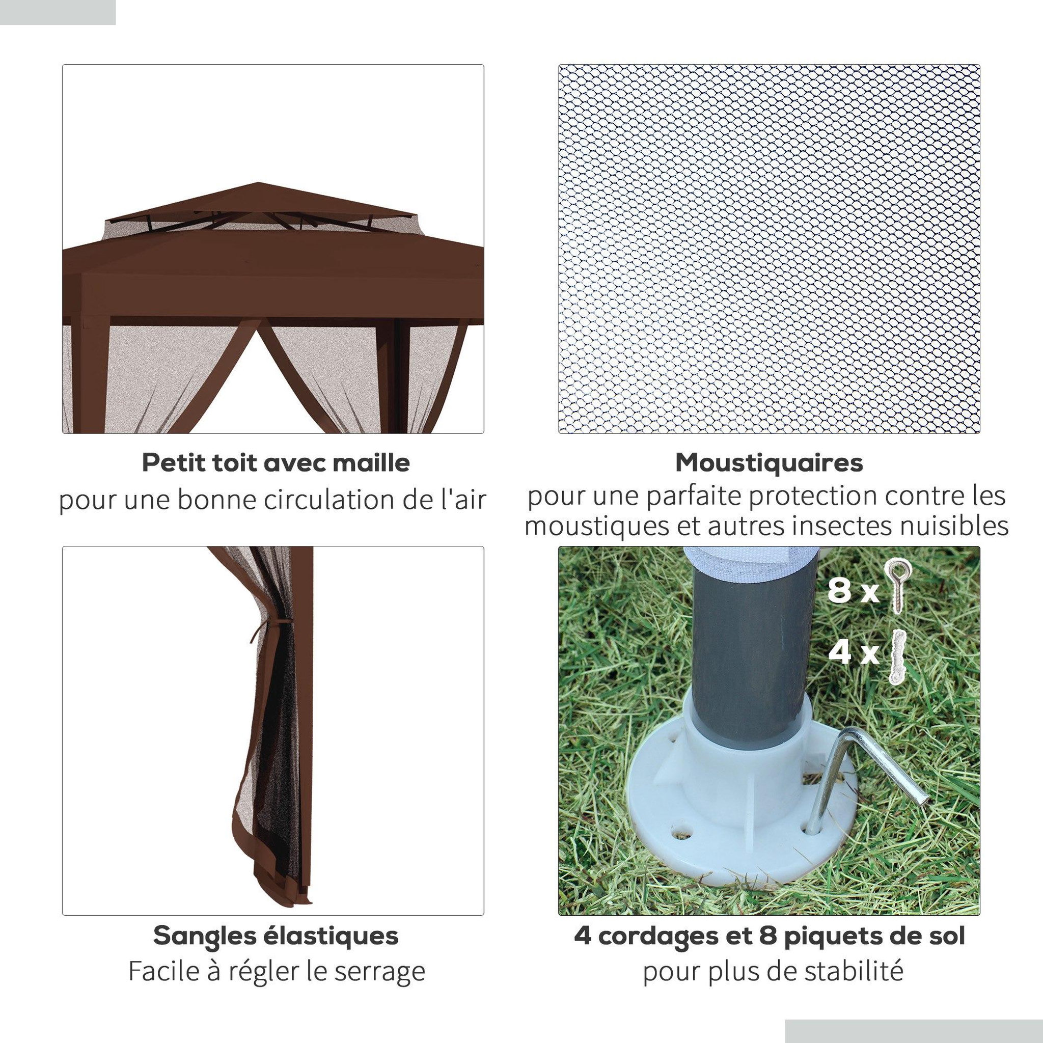 Voir la diapositive 6 : OUTSUNNY Tonnelle barnum de jardin 3L x 3l m avec 4 moustiquaires amovibles - double toit - métal polyester marron
