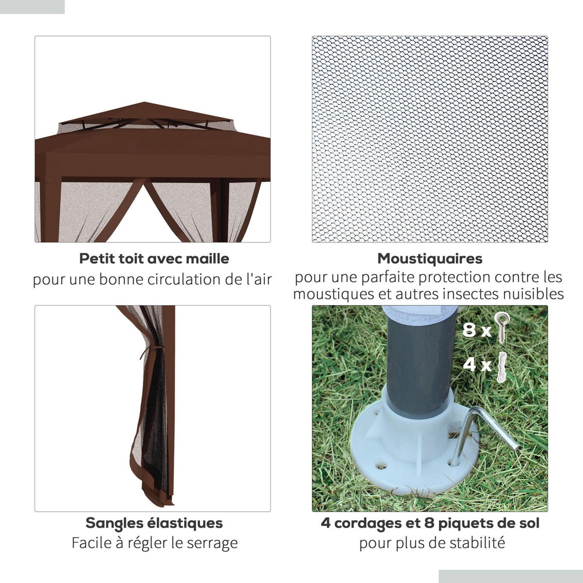 OUTSUNNY Tonnelle barnum de jardin 3L x 3l m avec 4 moustiquaires amovibles - double toit - métal polyester marron