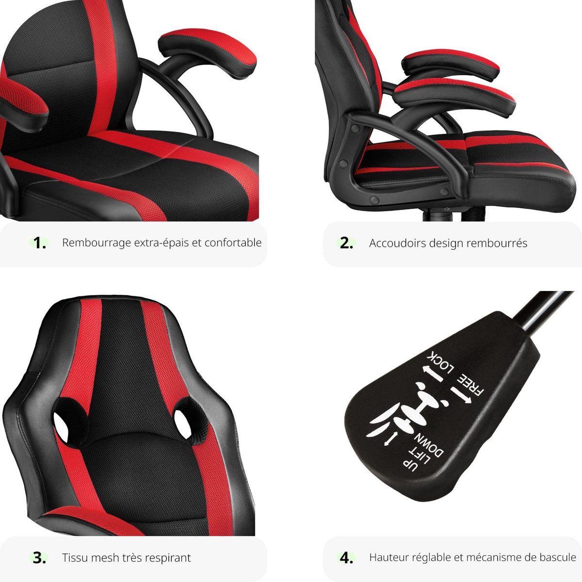 tectake Chaise de bureau à forme ergonomique noir/rouge