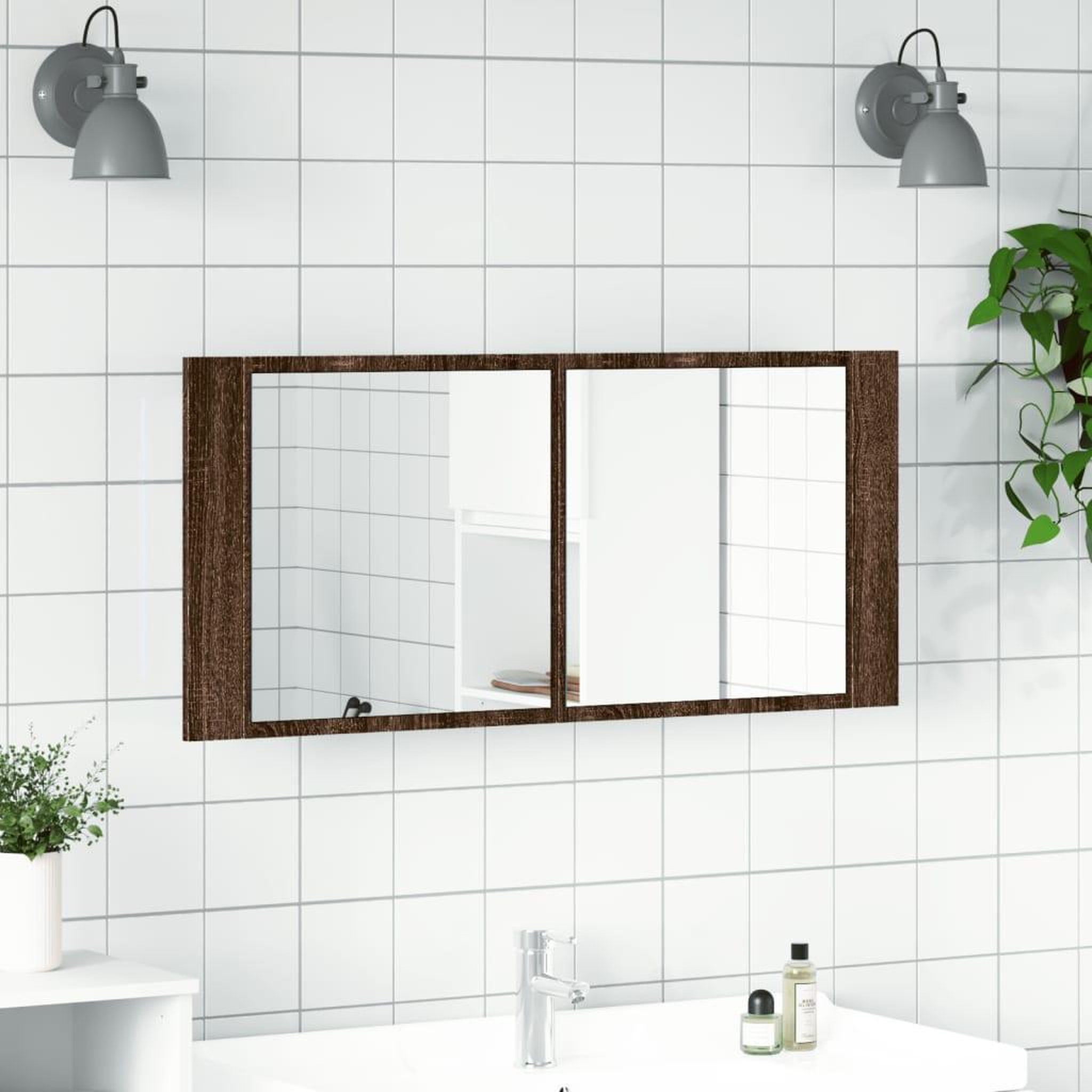 Voir la diapositive 3 : VIDAXL Armoire a miroir a LED de bain chene marron 100x12x45 cm