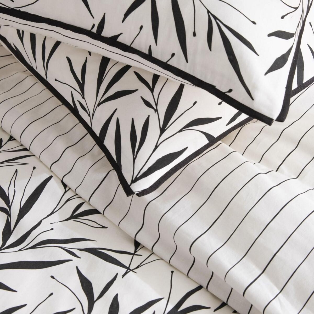 FUTURE HOME Parure de lit 2 personnes feuillage et rayures en coton