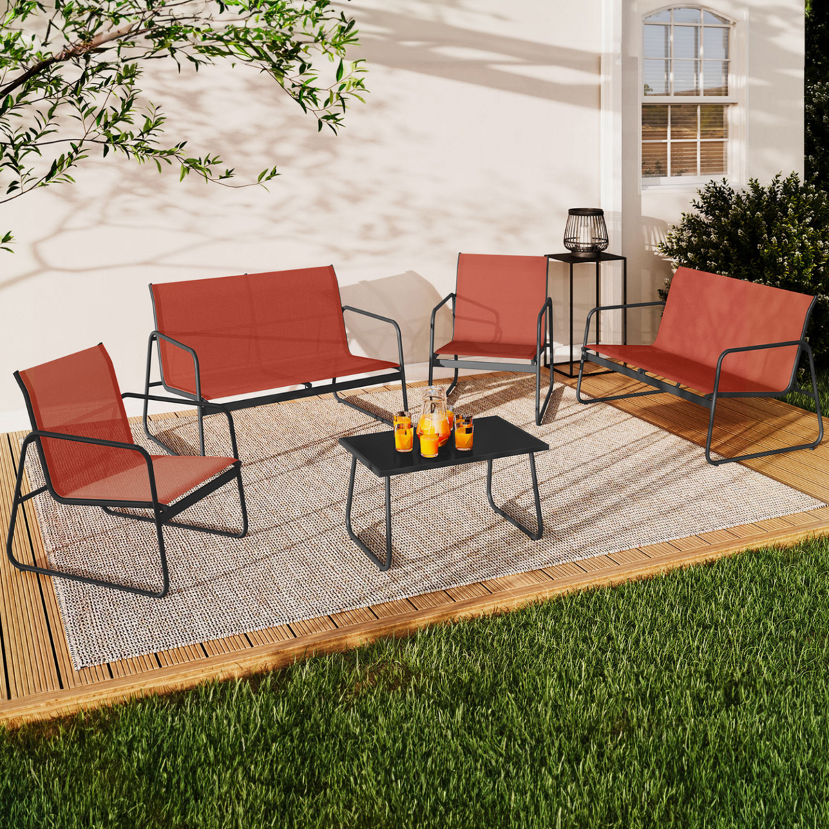 ID MARKET Salon de jardin bas MALAGA 6 places avec 2 canapés, fauteuils et table terracotta