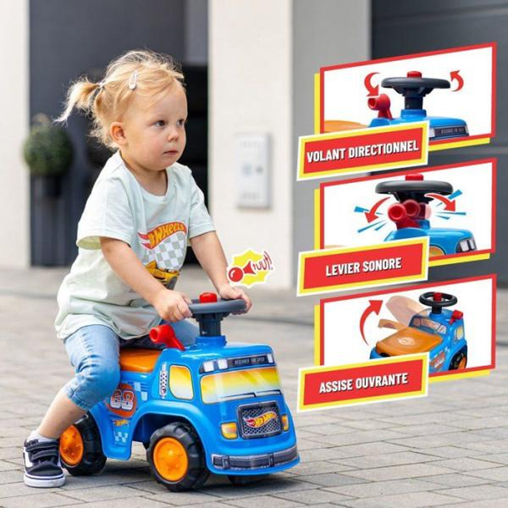 Voir la diapositive 3 : FALK Porteur trotteur  - falk - camion hot wheels - assise ouvrante - volant avec klaxon - plaque personnalisable - des 12 mois