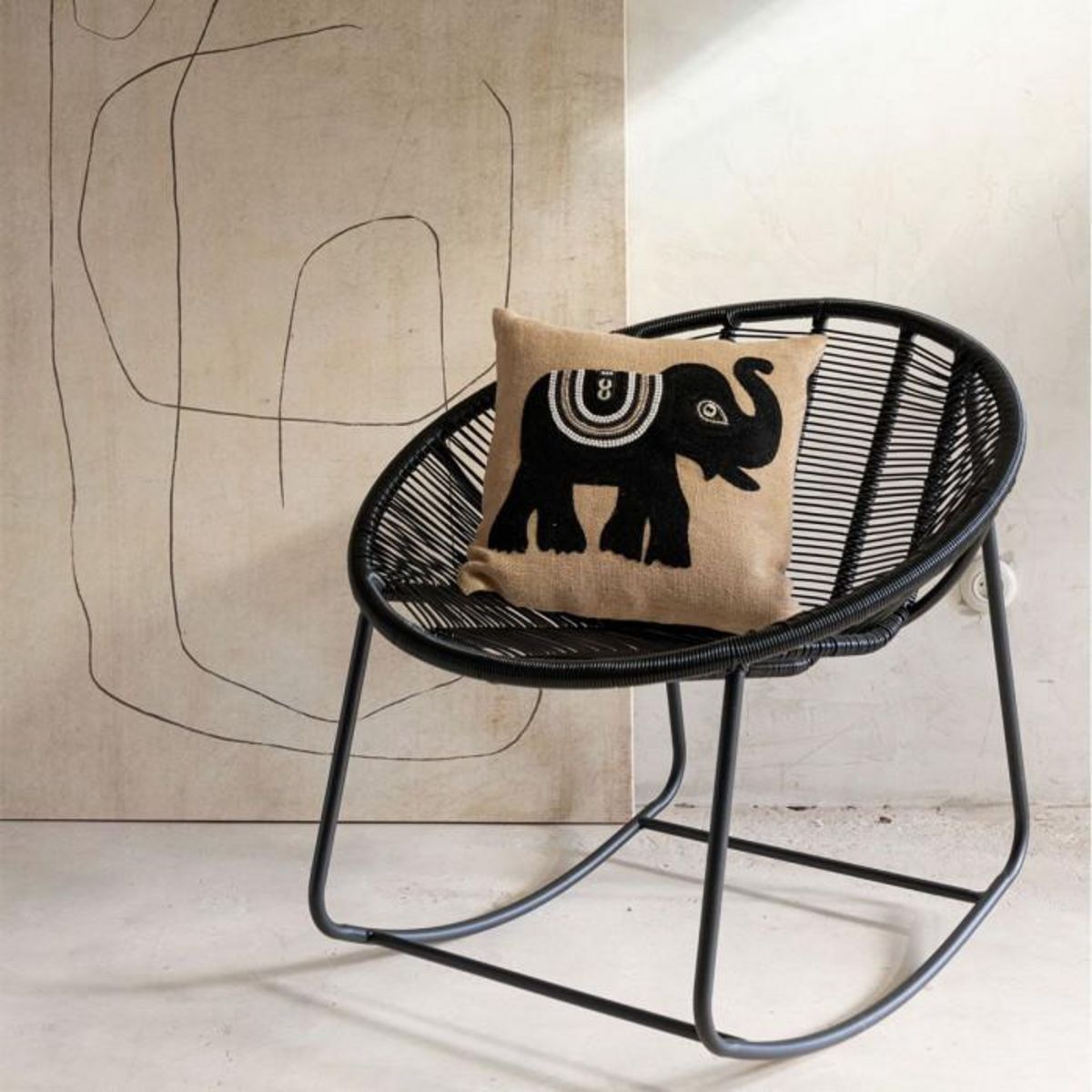 Paris Prix Coussin Déco Jute  Eléphant  45x45cm Beige & Noir