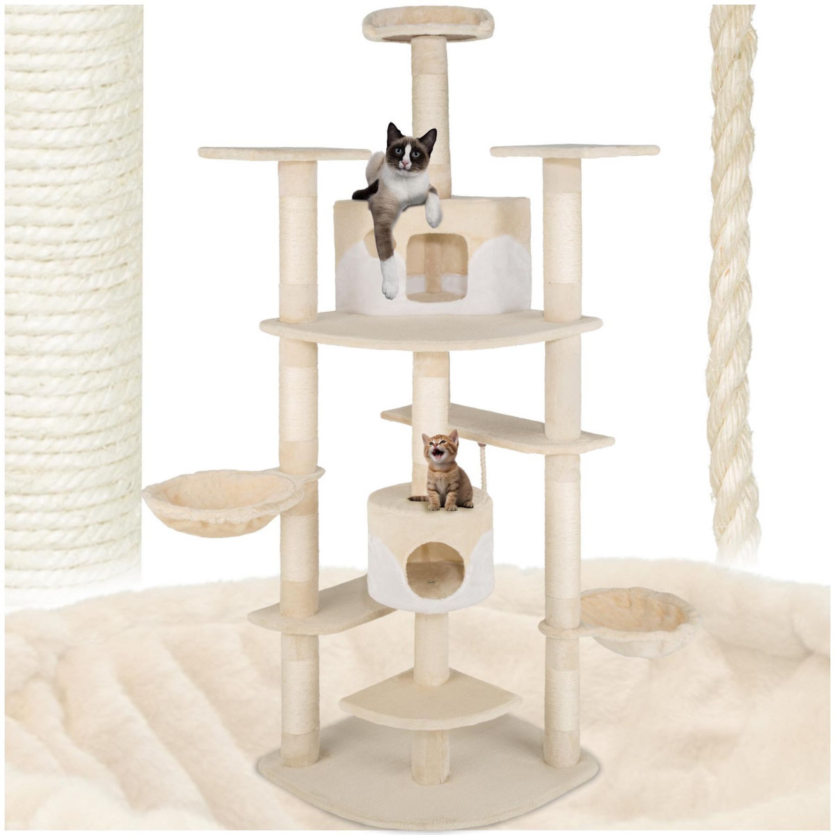 tectake Arbre à chat 204 cm avec griffoir et plateforme d'escalade beige/blanc