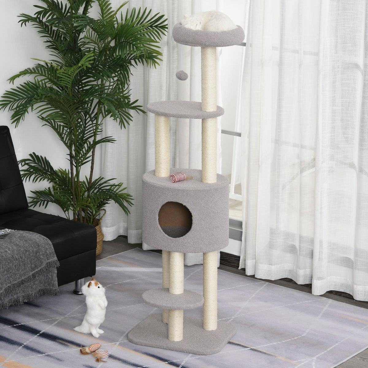 PAWHUT PawHut Arbre à Chats avec Griffoir Niche Poteaux Peluche Haute Densité 45L x 40L x 148H cm Gris