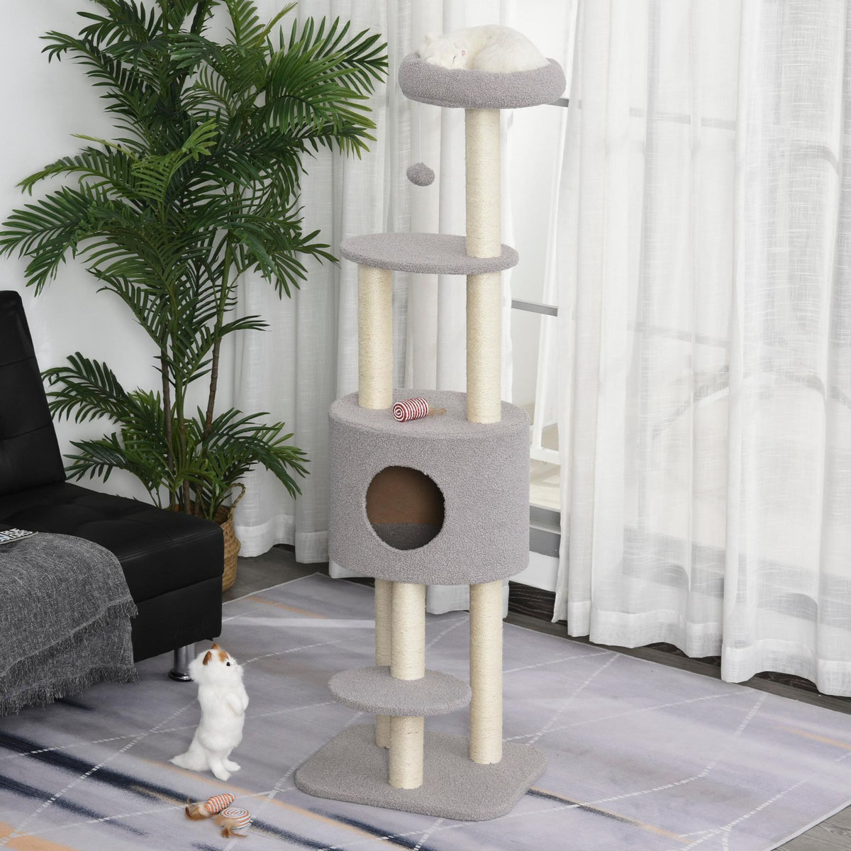 PAWHUT PawHut Arbre à Chats avec Griffoir Niche Poteaux Peluche Haute Densité 45L x 40L x 148H cm Gris