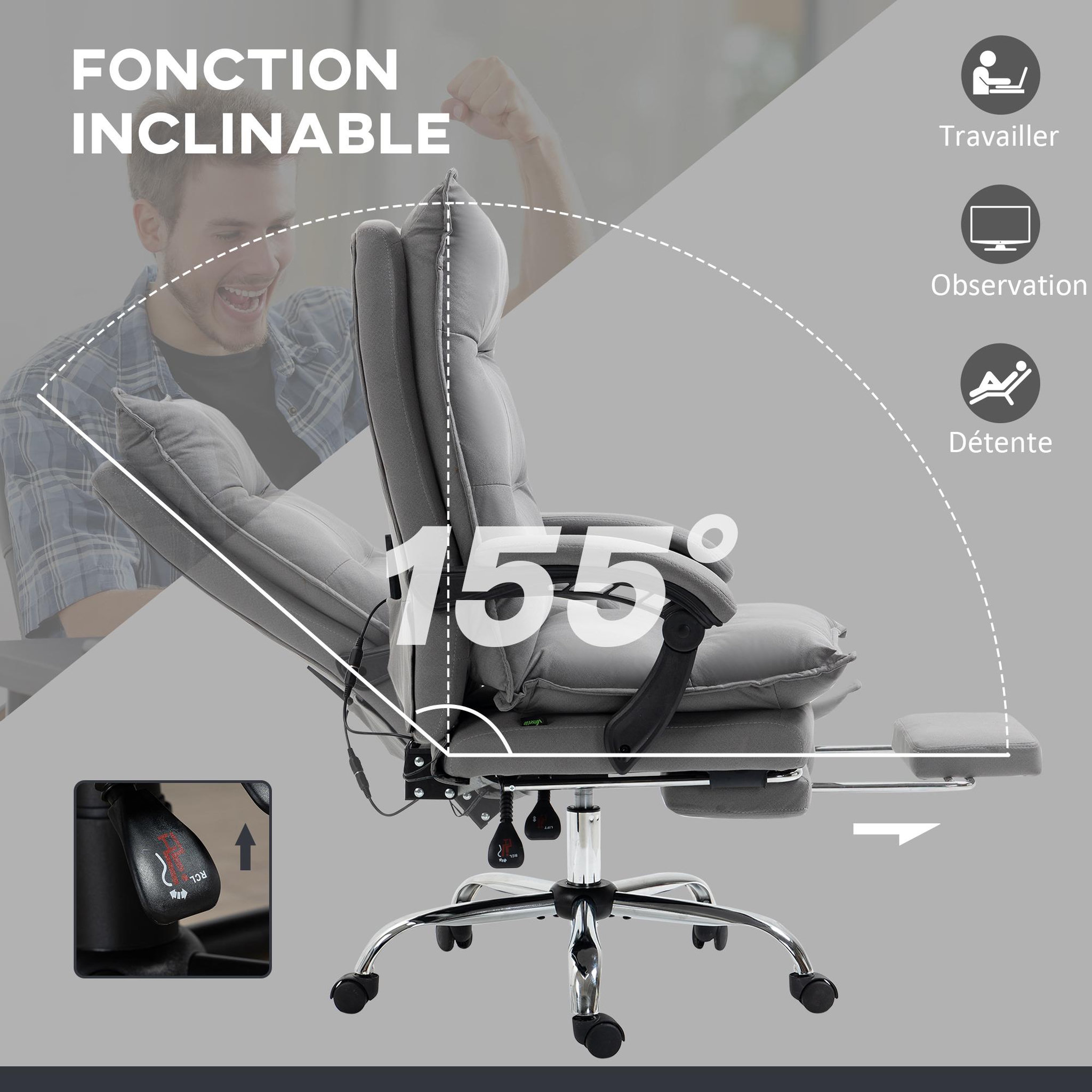 Voir la diapositive 6 : VINSETTO Fauteuil de bureau massant chauffant inclinable réglable repose-pieds rétractable microfibre gris