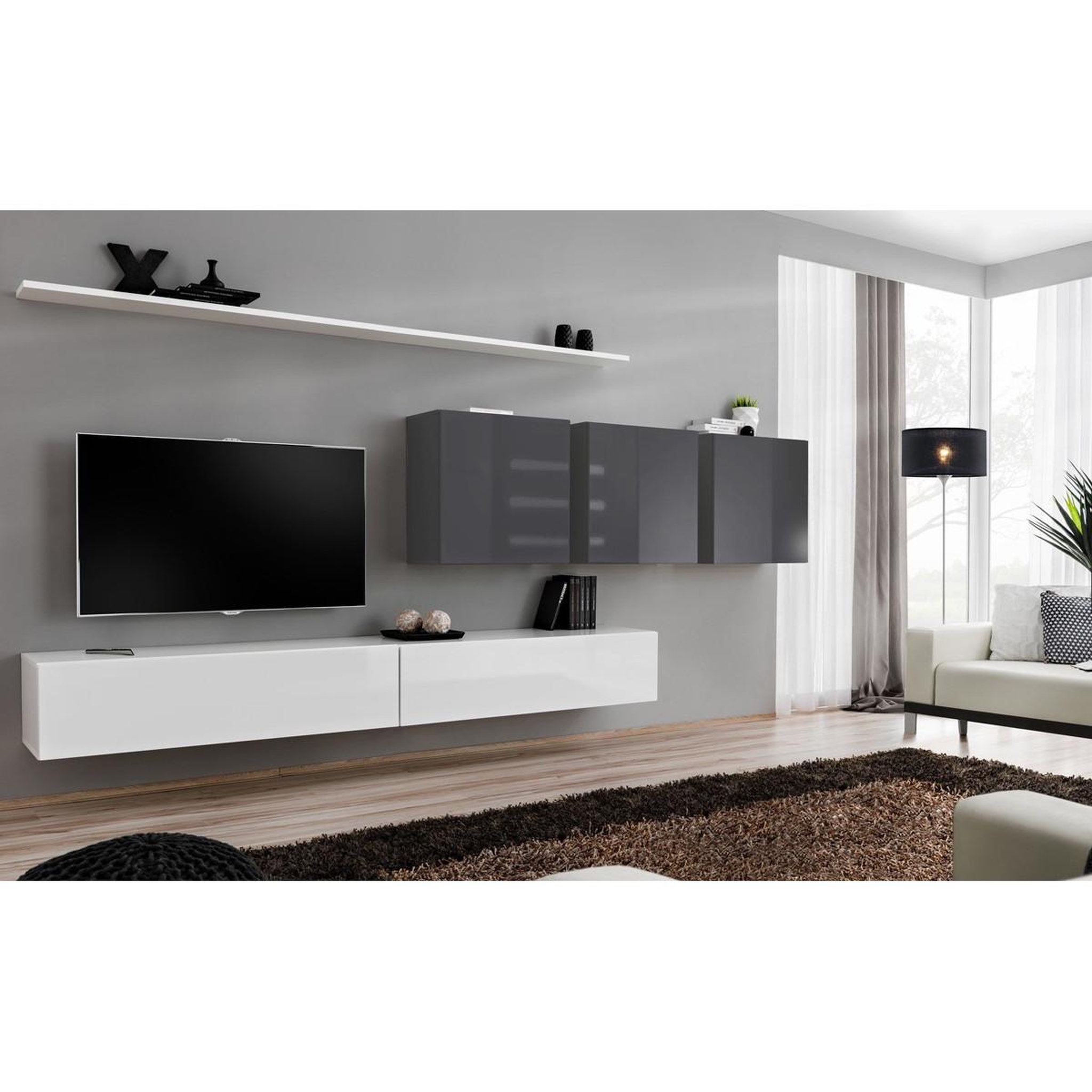 Voir la diapositive 2 : Paris Prix Meuble tv mural design  switch vii  340cm blanc & gris