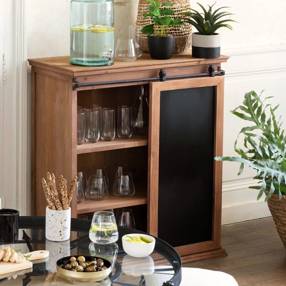 ATMOSPHERA Buffet en bois 1 porte coulissante avec ardoise L80 cm