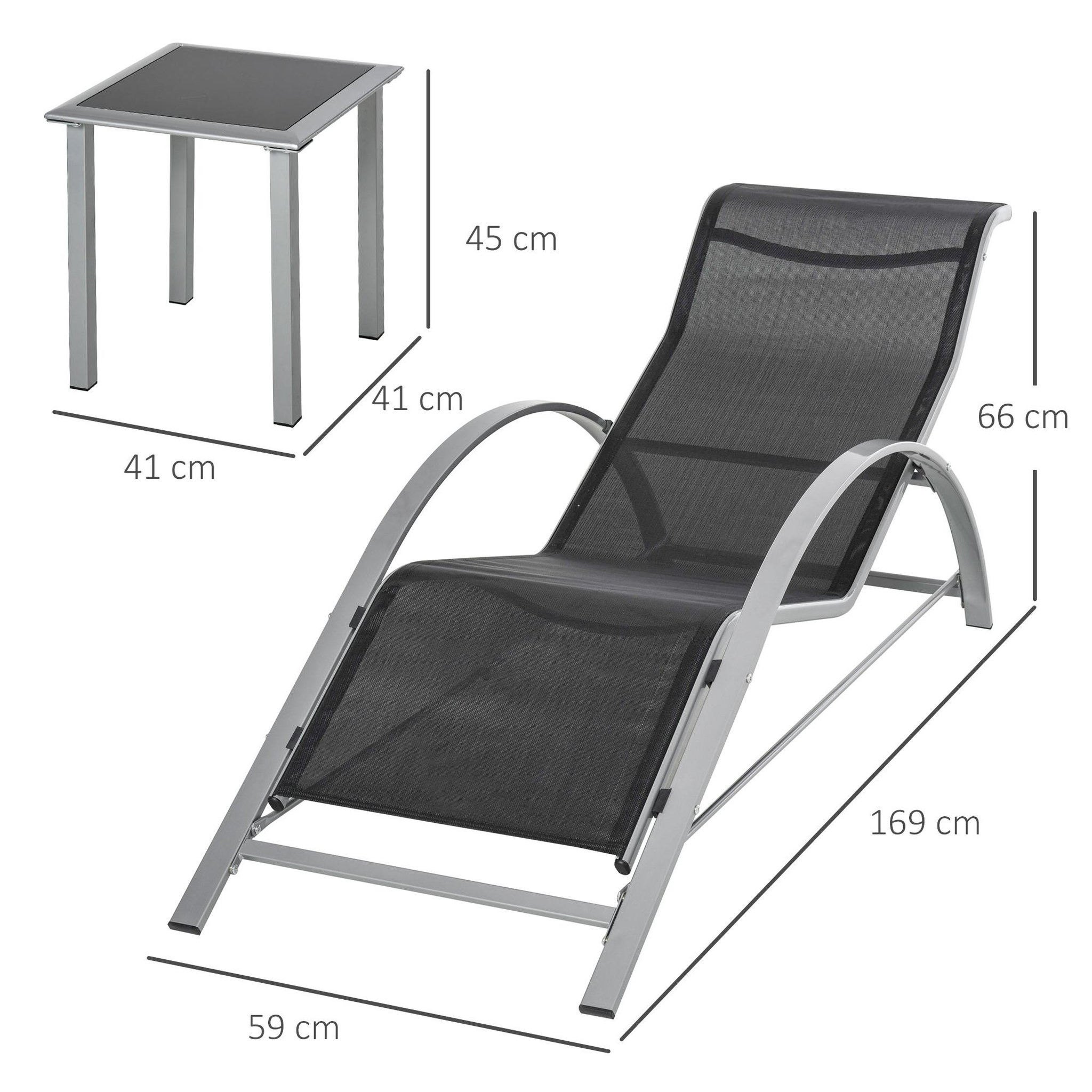 Voir la diapositive 3 : OUTSUNNY Lot de 2 bains de soleil design contemporain table basse plateau verre trempé métal époxy textilène gris foncé