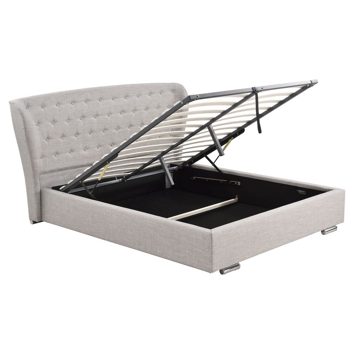 lit coffre avec sommier relevable et tête de lit arrondie capitonnée en tissu gris clair 140x190 cm DUC