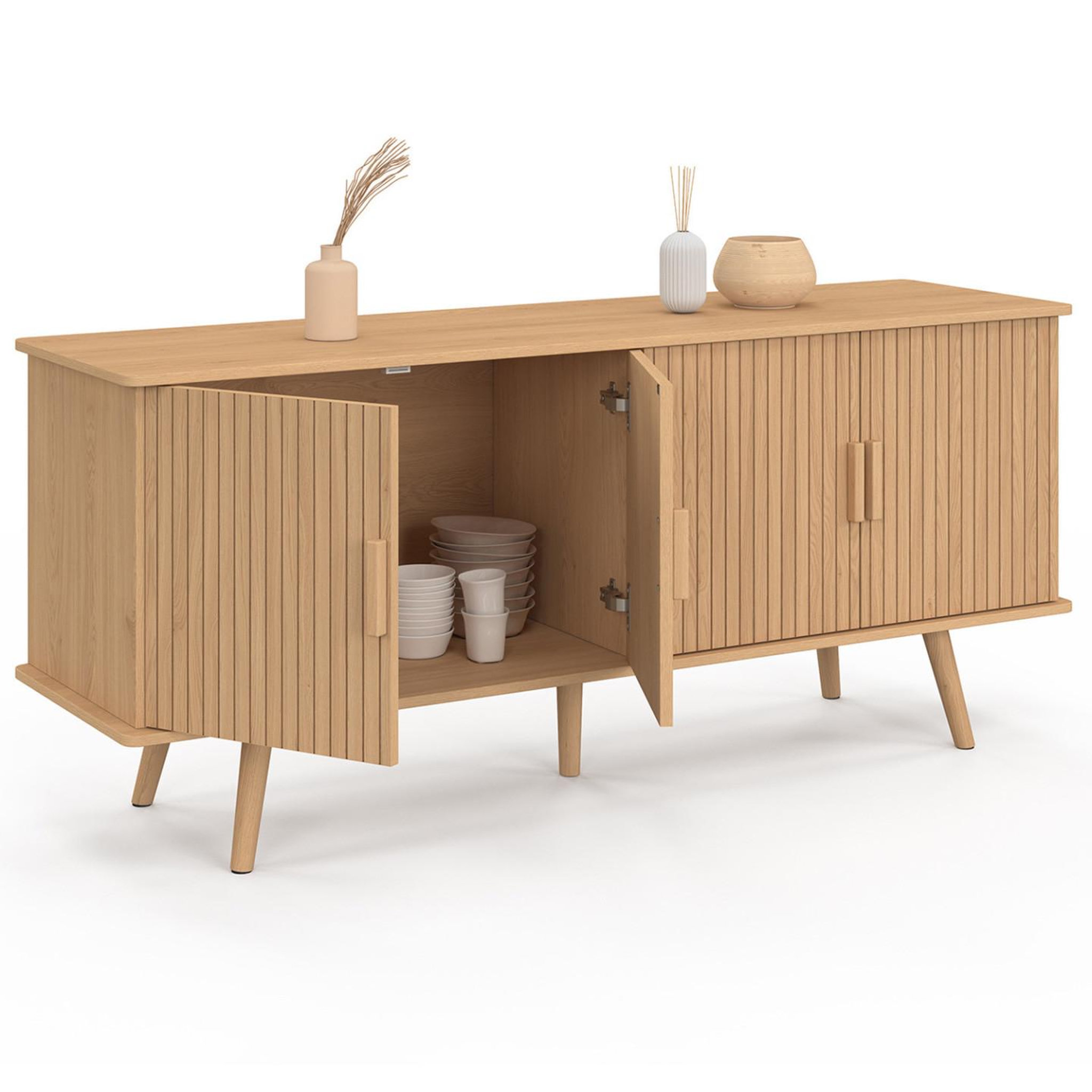 Voir la diapositive 4 : ID MARKET Buffet bas 140 cm juliette 4 portes effet lattes tasseau bois coloris chêne