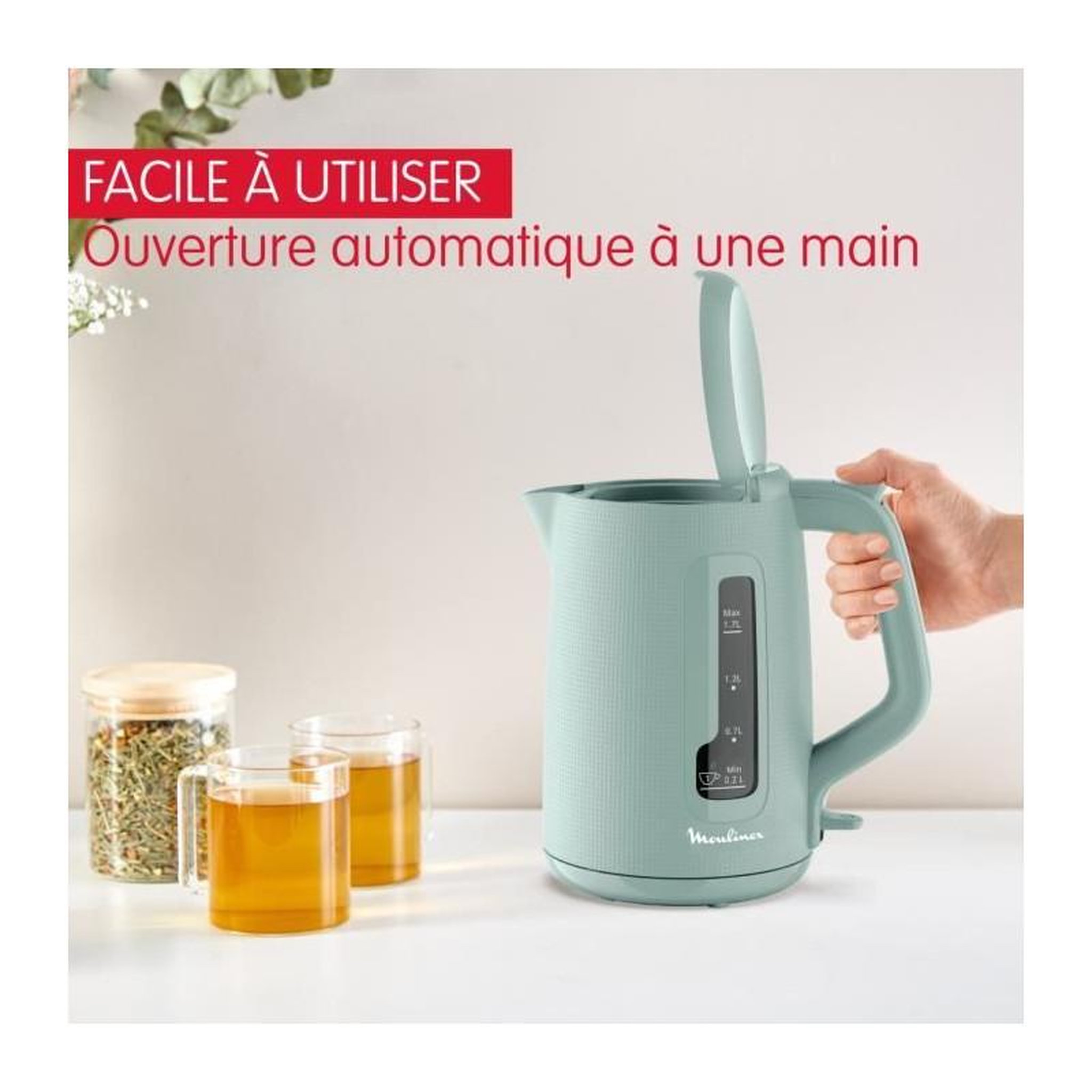 Voir la diapositive 4 : MOULINEX MOULINEX Bouilloire électrique 1.7 L, Indicateur 1 tasse, Filtre anticalcaire, Arret auto, Boule a thé incluse, Morning BY2M13