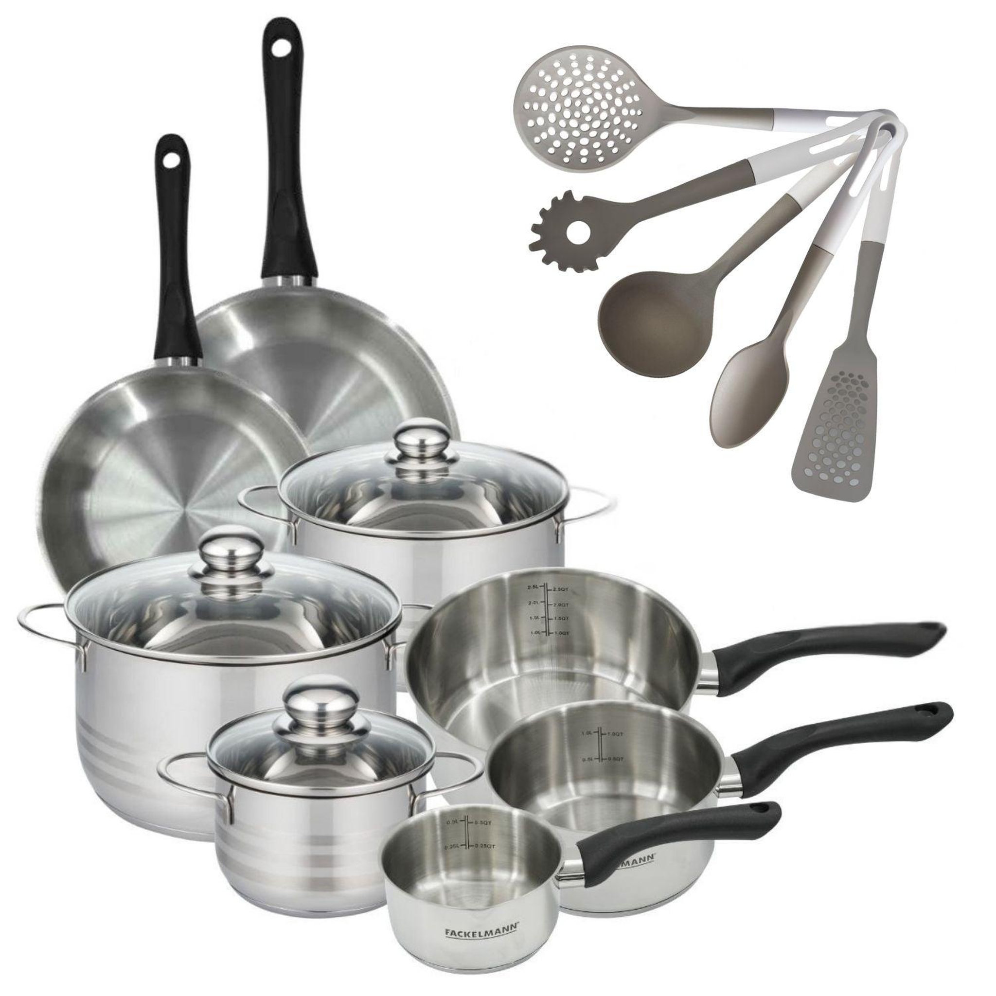 Fackelmann Batterie de cuisine avec 3 faitouts 16/20/24 cm et 3 casseroles 12/16/20 cm avec 5 ustensiles de cuisine sans pfas fackelmann généva brillant vario