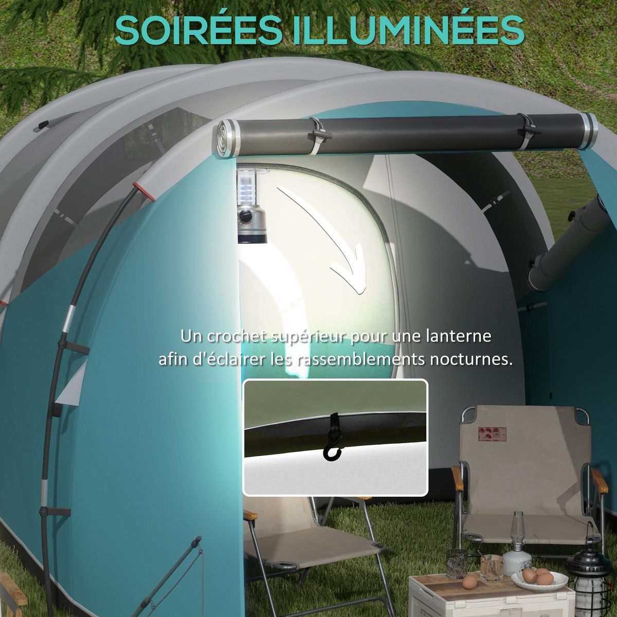 OUTSUNNY Tente de camping familiale 4-5 personnes - tente tunnel 2 portes fenêtres - dim. 4,6 x 2,6 x 1,9 m - bleu gris