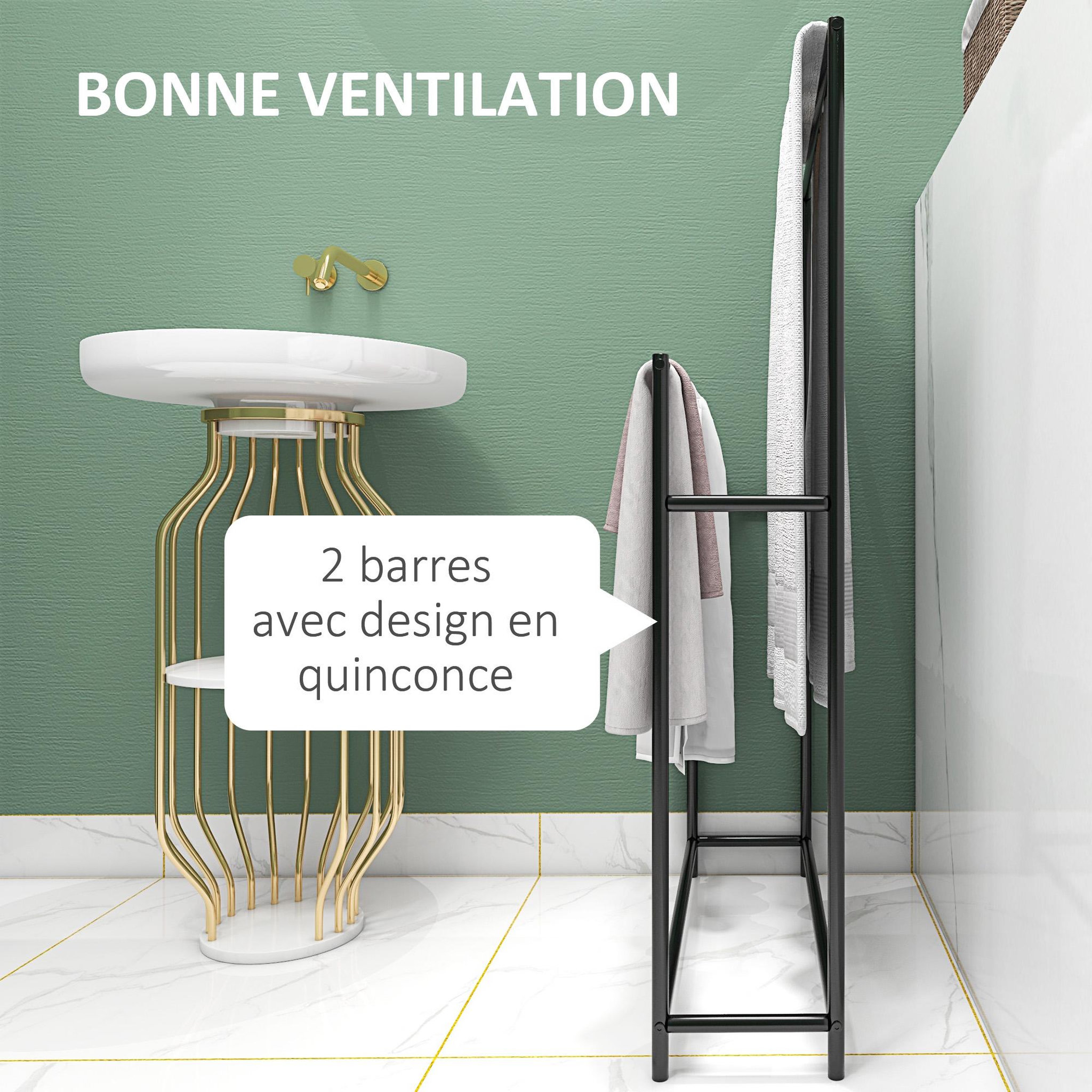 Voir la diapositive 4 : HOMCOM Porte-serviettes sur pied 2 niveaux dim. 66l x 20l x 110h cm métal noir