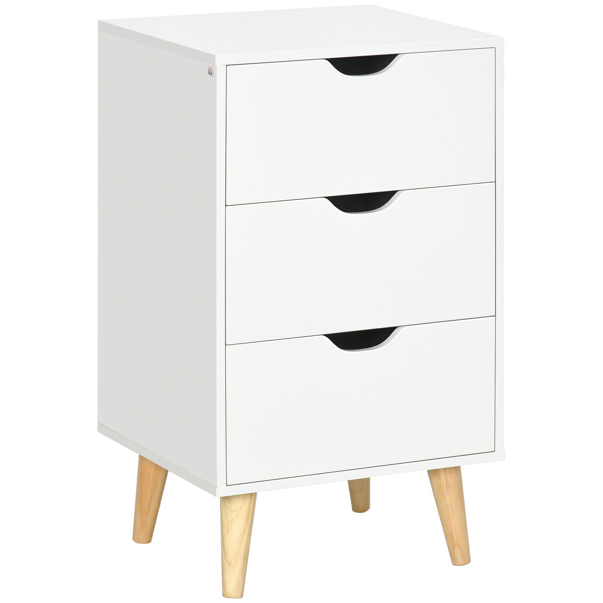 Voir la diapositive 1 : HOMCOM Meuble de rangement chiffonnier 3 tiroirs design scandinave piètement effilé incliné bois pin panneaux blanc