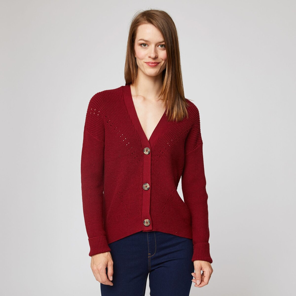 INEXTENSO Gilet col v ajour s rouge bordeaux femme pas cher