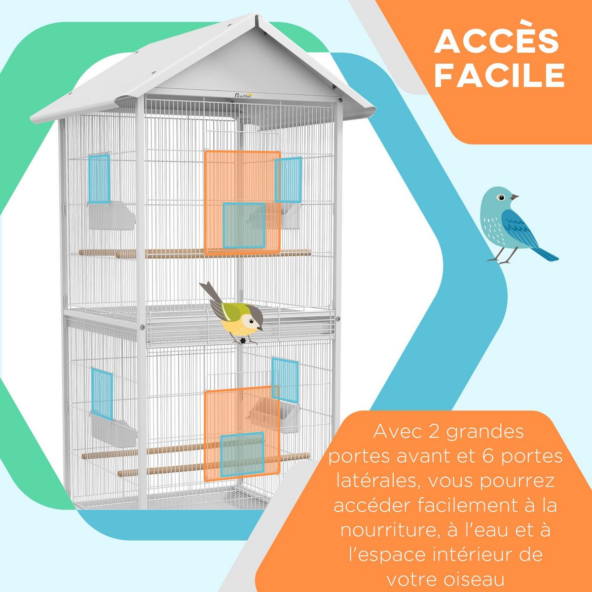 PAWHUT Volière cage à oiseaux sur roulettes design maison mangeoires perchoirs 10 portes plateaux excréments amovibles acier blanc