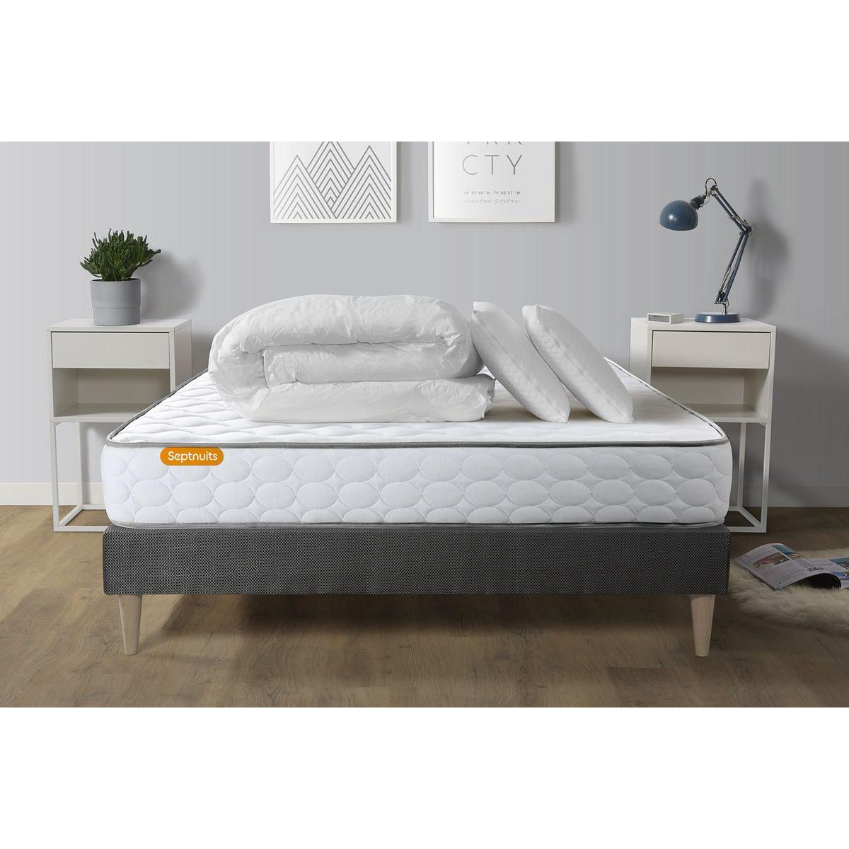 SEPTNUITS Pack matelas Memo + sommier kit gris + 2 oreillers mémoire de forme