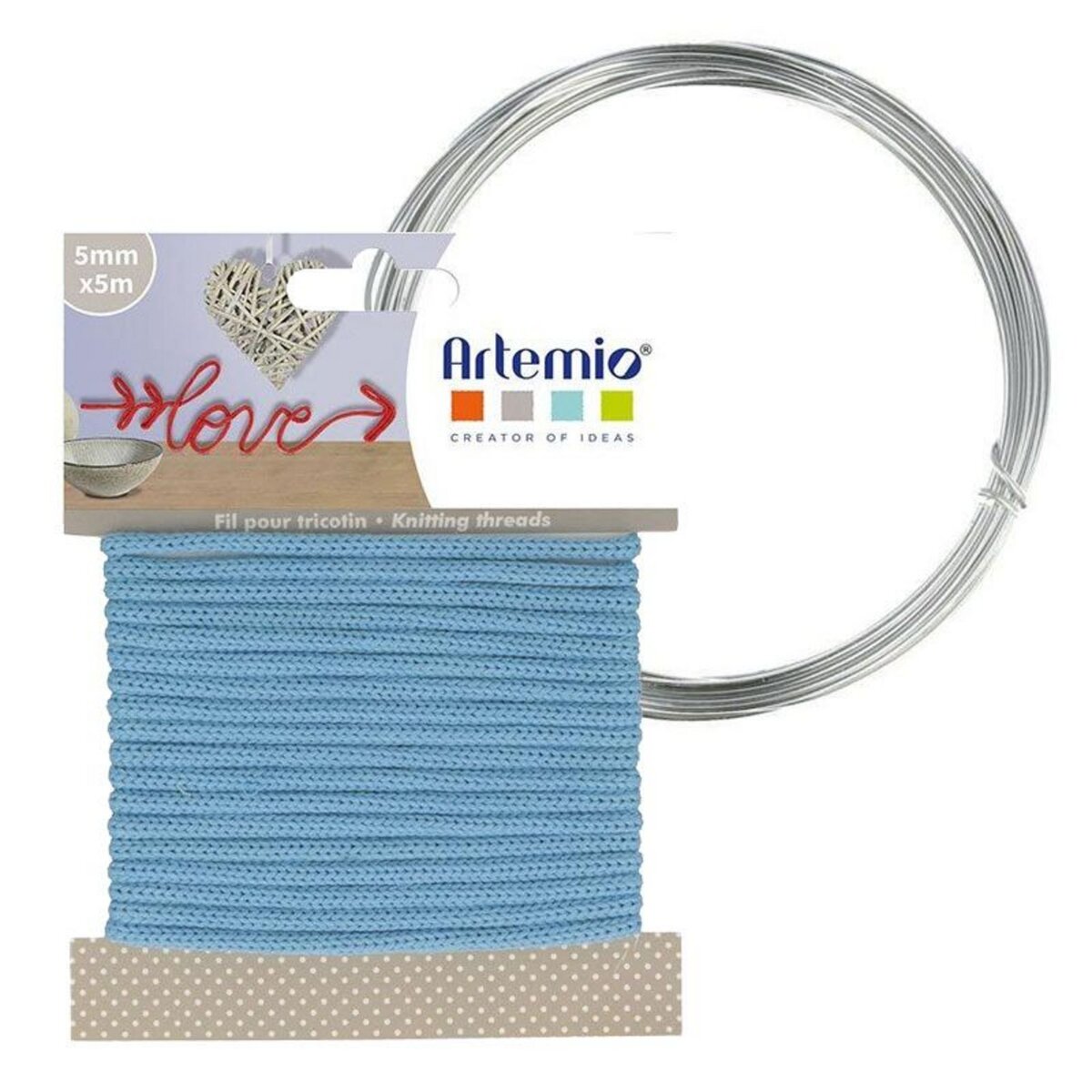 Artemio Fil à tricotin bleu ciel 5 mm x 5 m + fil d'aluminium