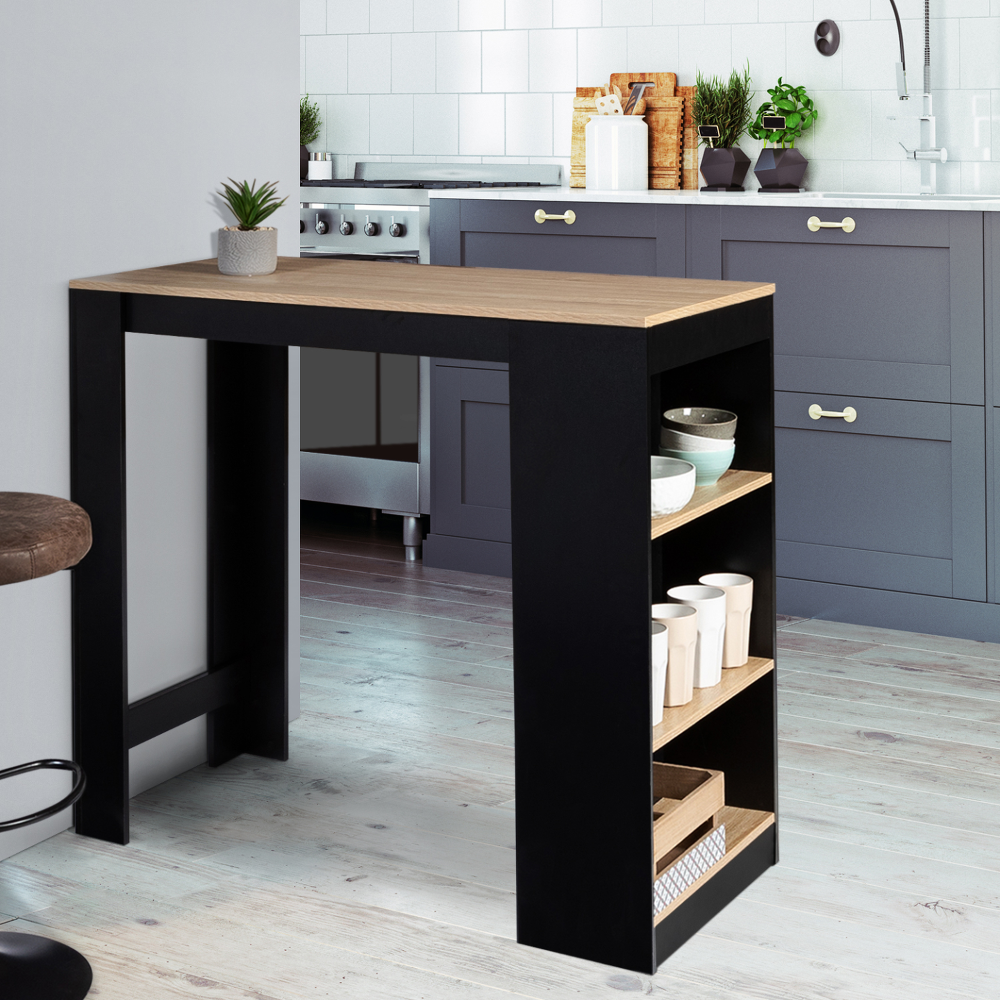 Voir la diapositive 2 : ID MARKET Table de bar barth 2 à 4 personnes bois noir plateau façon hêtre