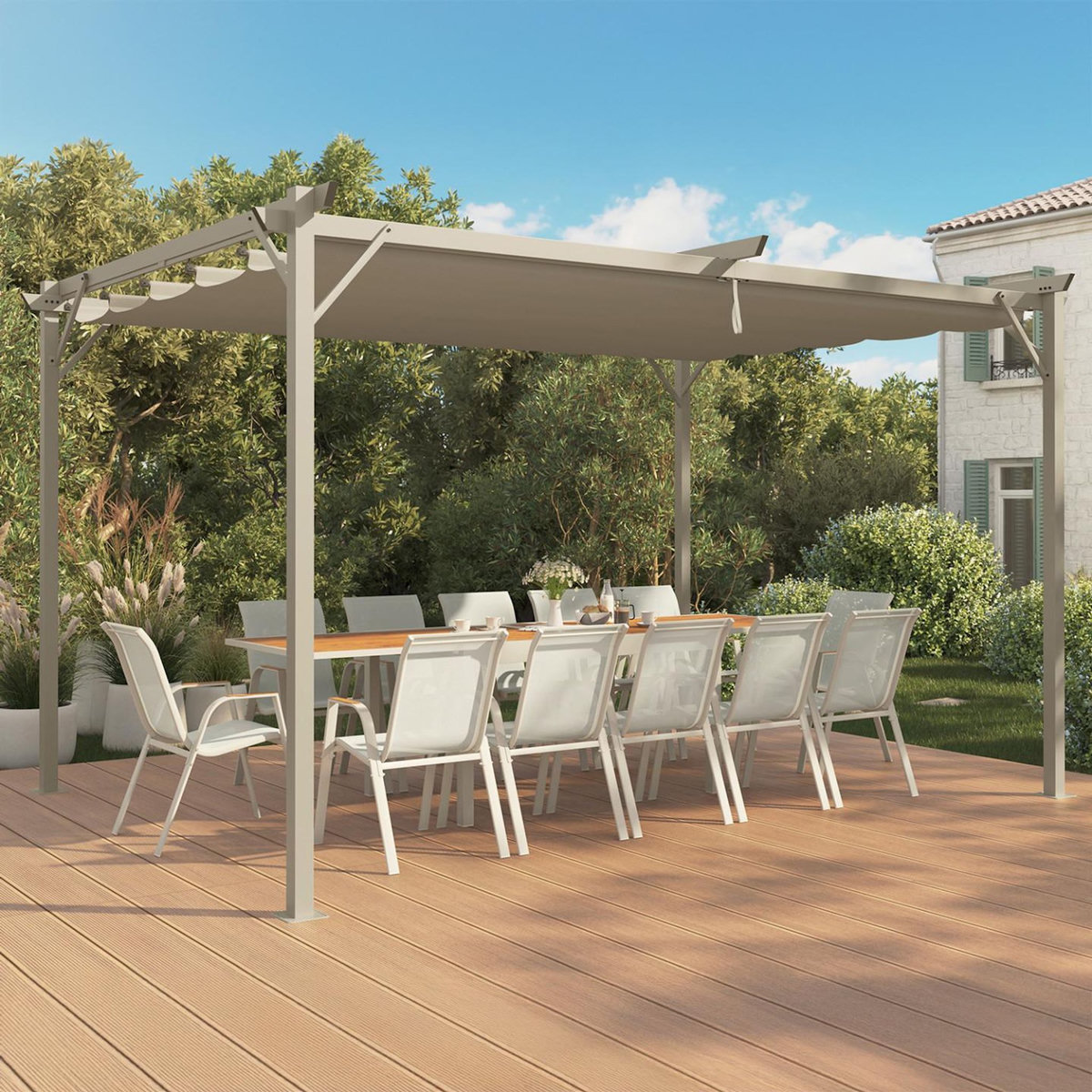 ID MARKET Pergola toit rétractable 4 pieds 3x4 M tonnelle structure beige et toile beige