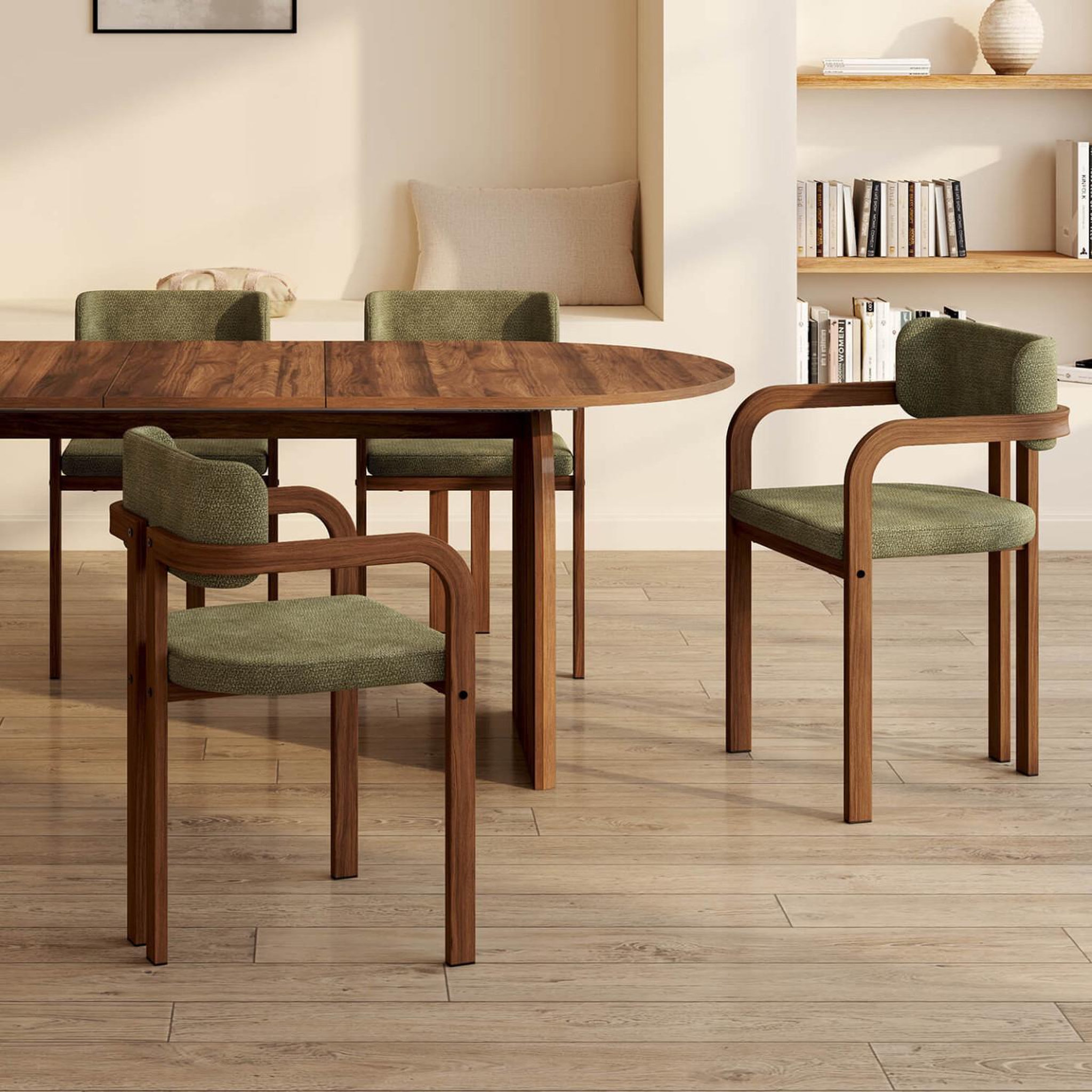 Voir la diapositive 2 : ID MARKET Lot de 4 chaises de salle à manger, fauteuils de table esma en métal effet noyer et tissu chenille vert avec accoudoirs