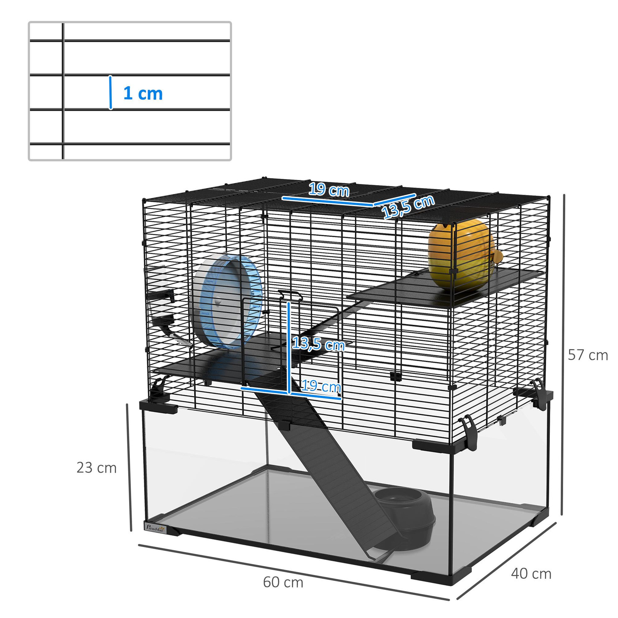 Voir la diapositive 3 : PAWHUT Cage rongeur hamster, 3 niveaux avec roue, rampes, maisonnette, abreuvoir, mangeoire, 60L x 40l x 57H cm, noir