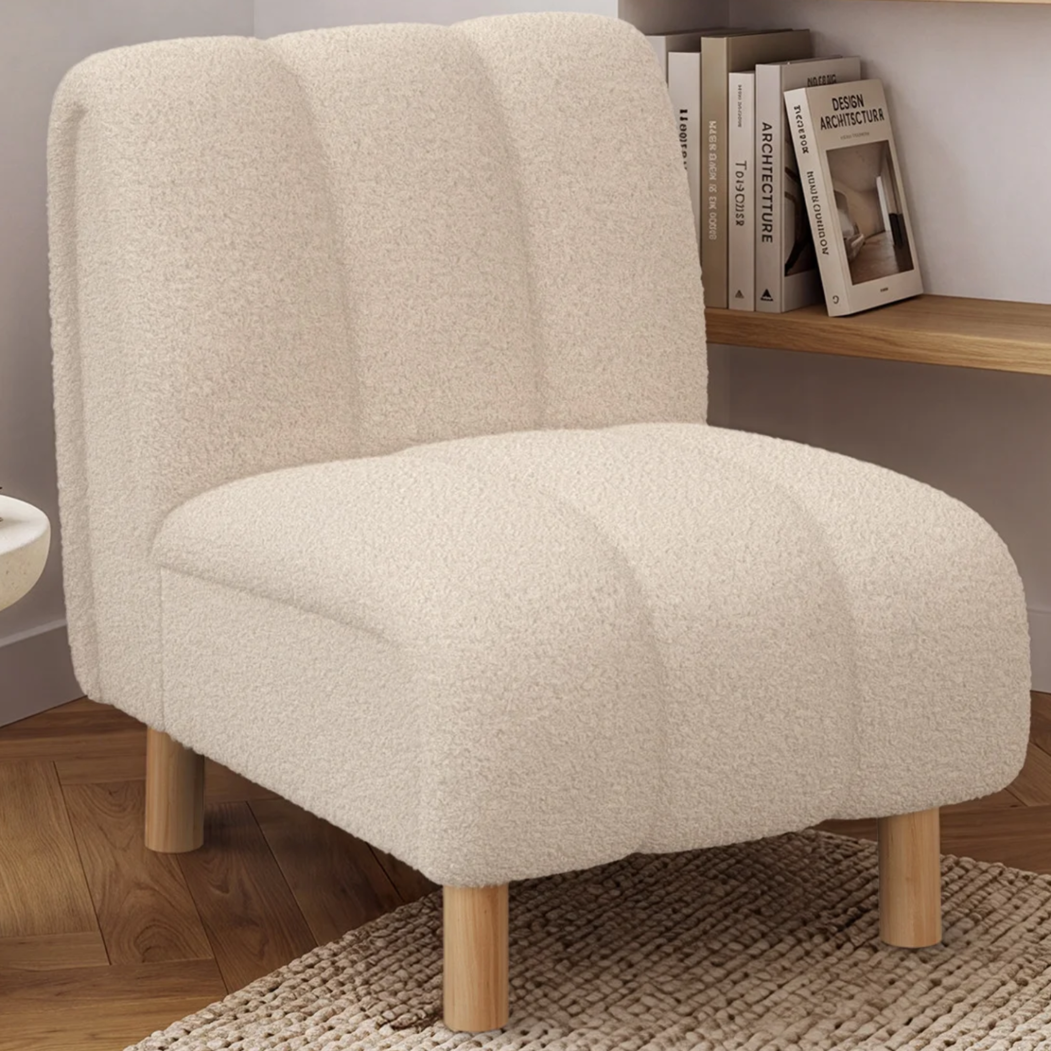 Voir la diapositive 2 : ID MARKET Fauteuil HECTOR tissu bouclette beige et pieds arrondis effet bois