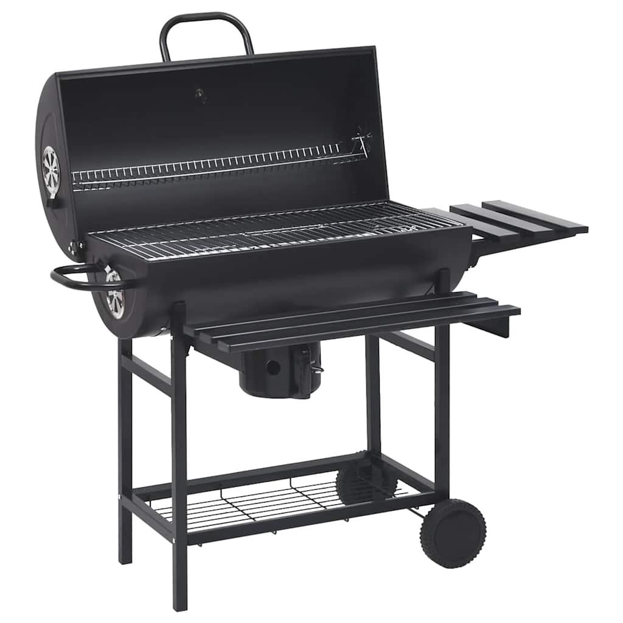 VIDAXL Gril a baril avec roues et etageres noir acier 115x85x95 cm