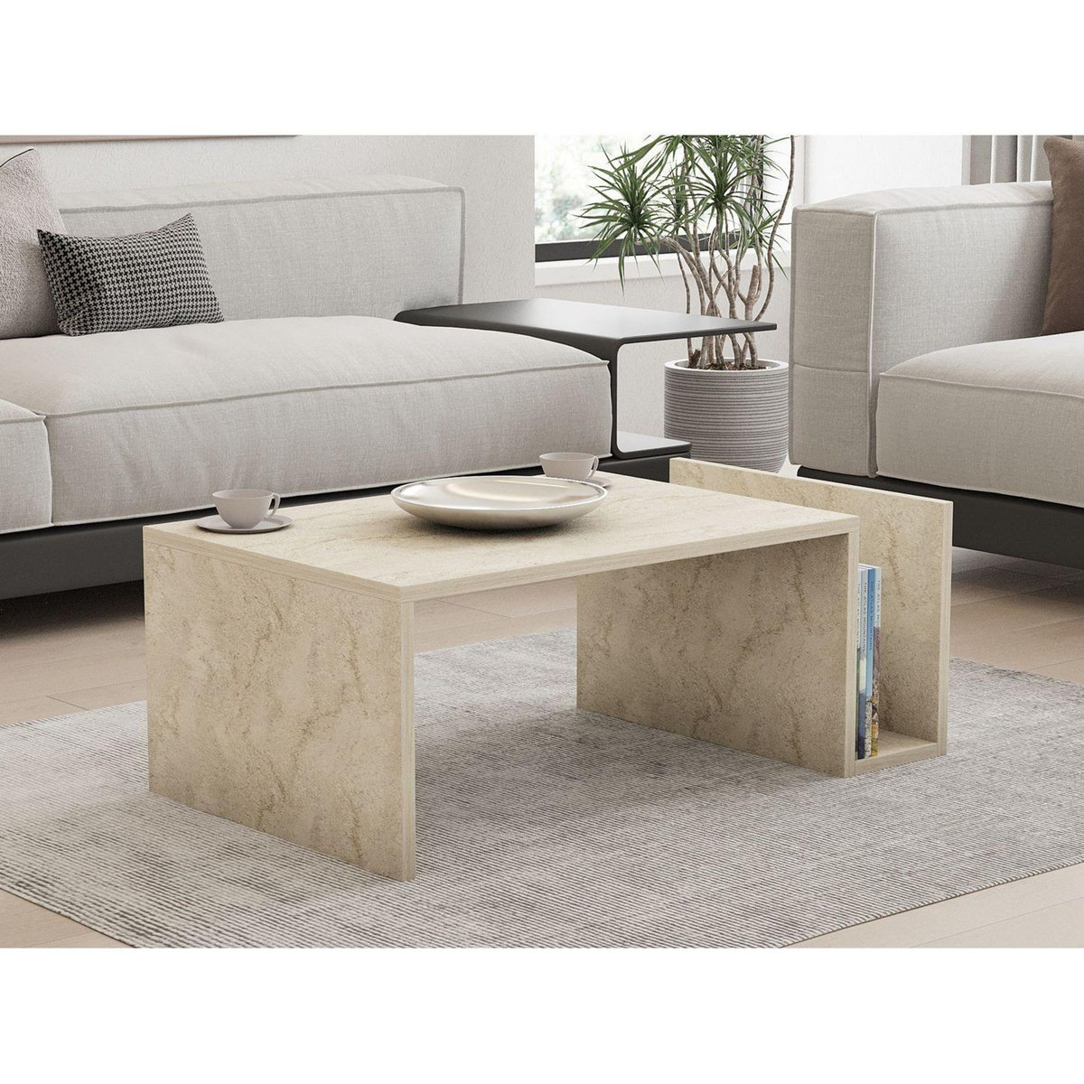 TOILINUX Table basse porte magazine effet travertin - Beige