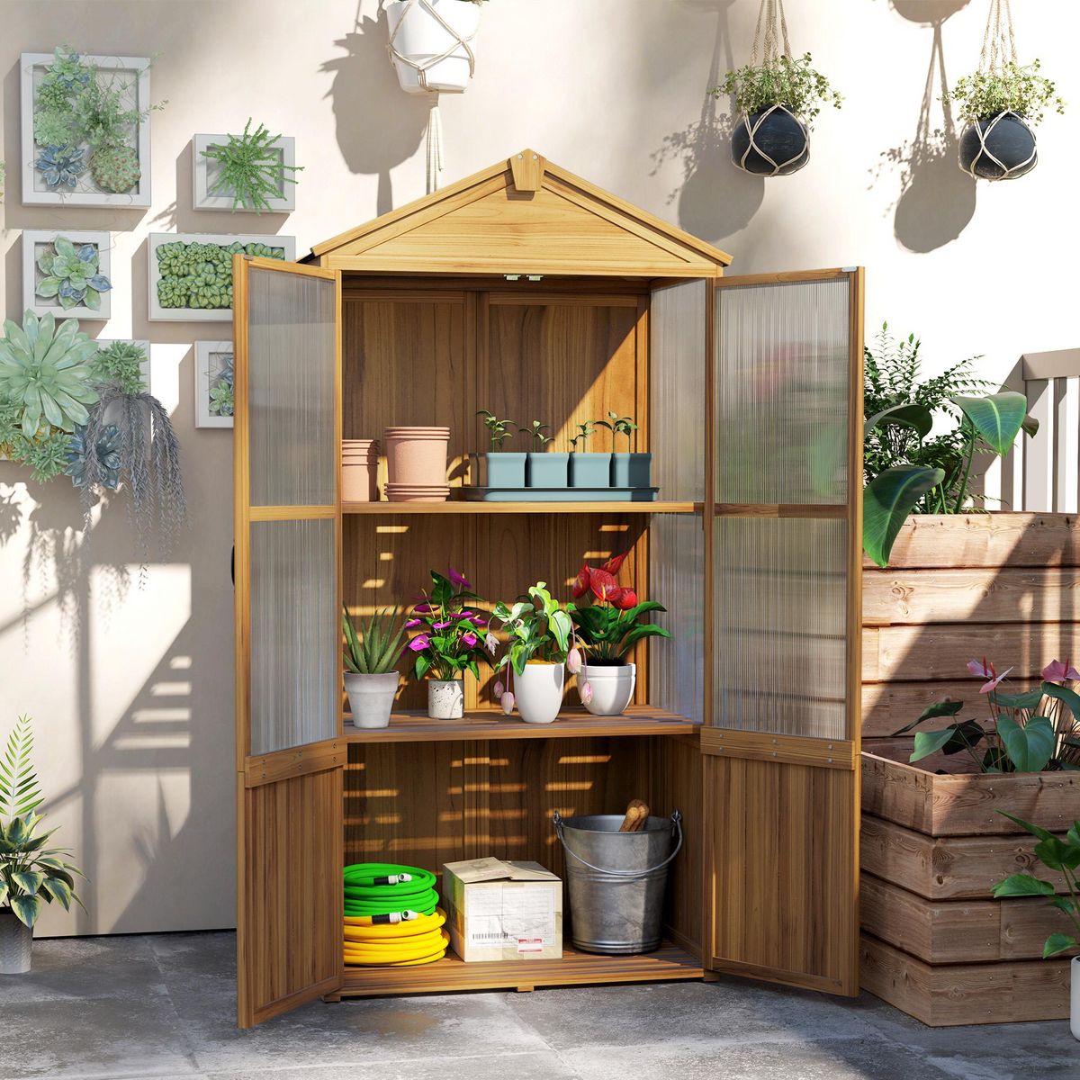 OUTSUNNY Armoire de jardin en bois - 2 portes, 2 étagères, toit bitumé - dim. 94 x 55 x 178 cm - sapin pré-huilé polycarbonate