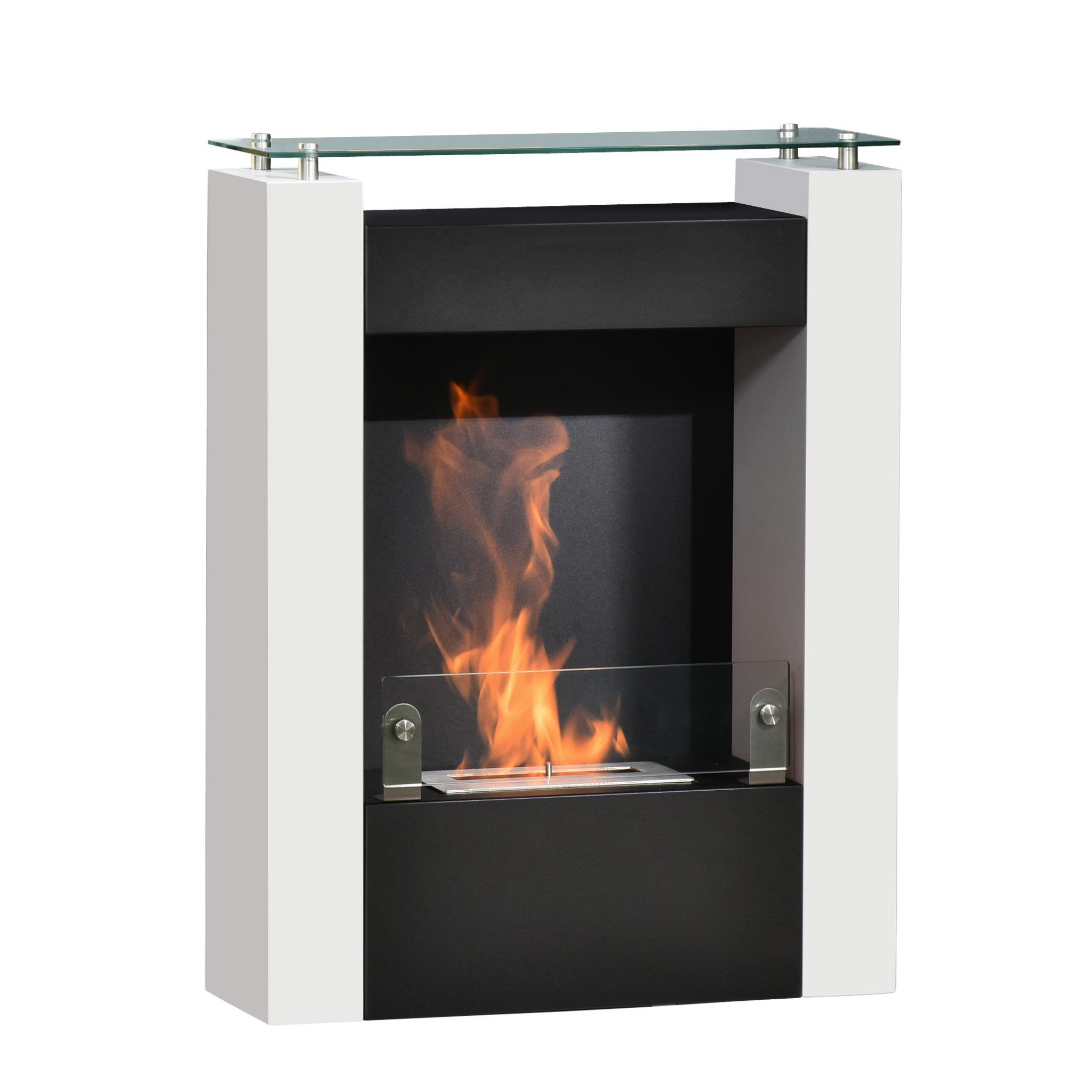 HOMCOM Cheminée bioéthanol design contemporain - étagère, pare-feu verre trempé 6 mm - brûleur 0,9 l - contrôle de flamme et manche inclus - acier noir blanc