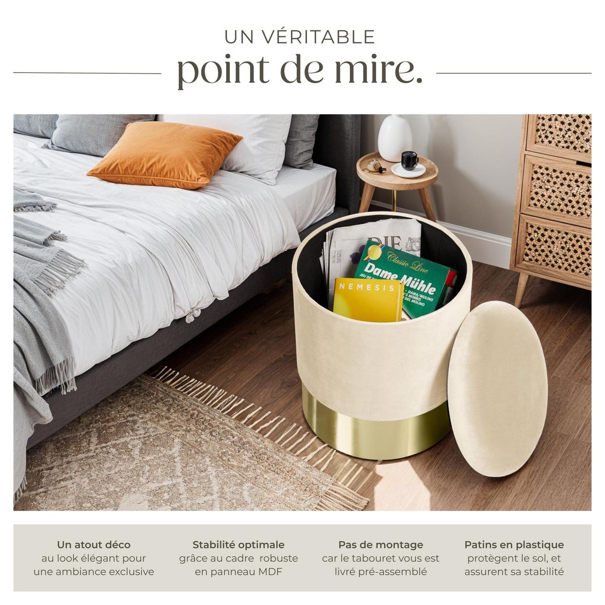 tectake Tabouret avec espace de rangement rond crème