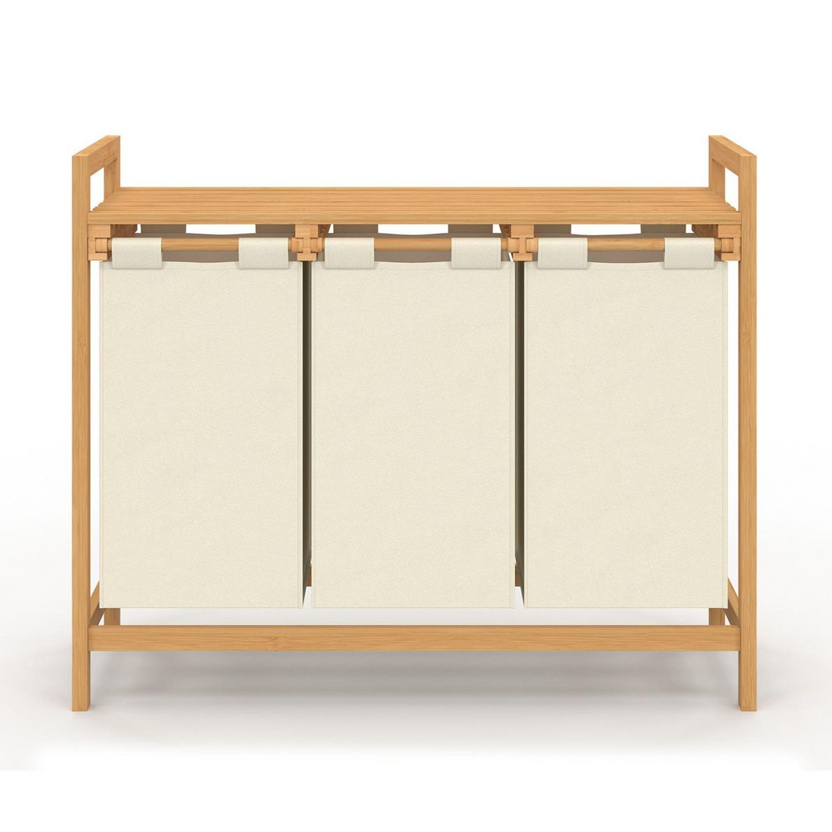 ID MARKET Panier à linge 3 bacs bambou BEA tissu écru