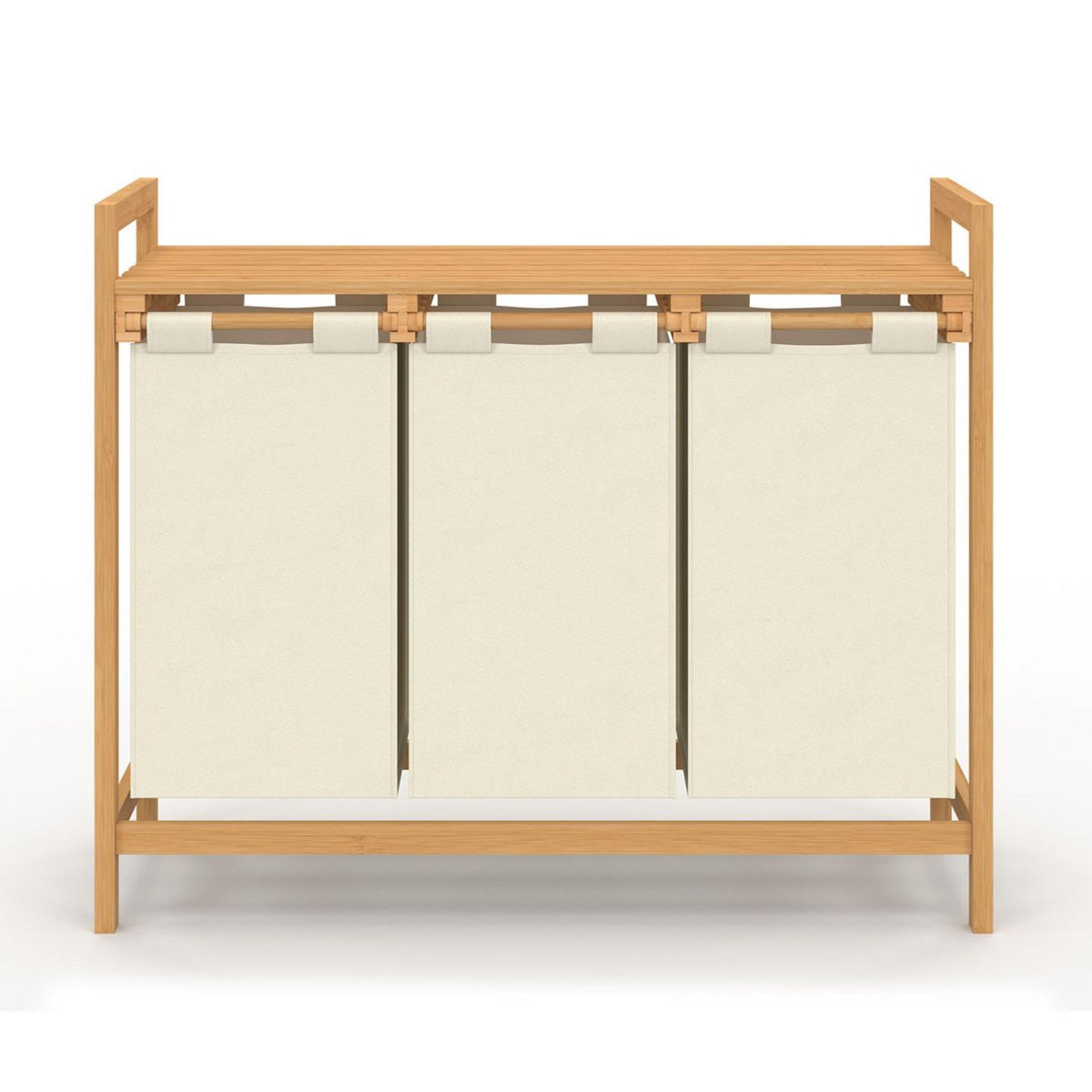 ID MARKET Panier à linge 3 bacs bambou BEA tissu écru