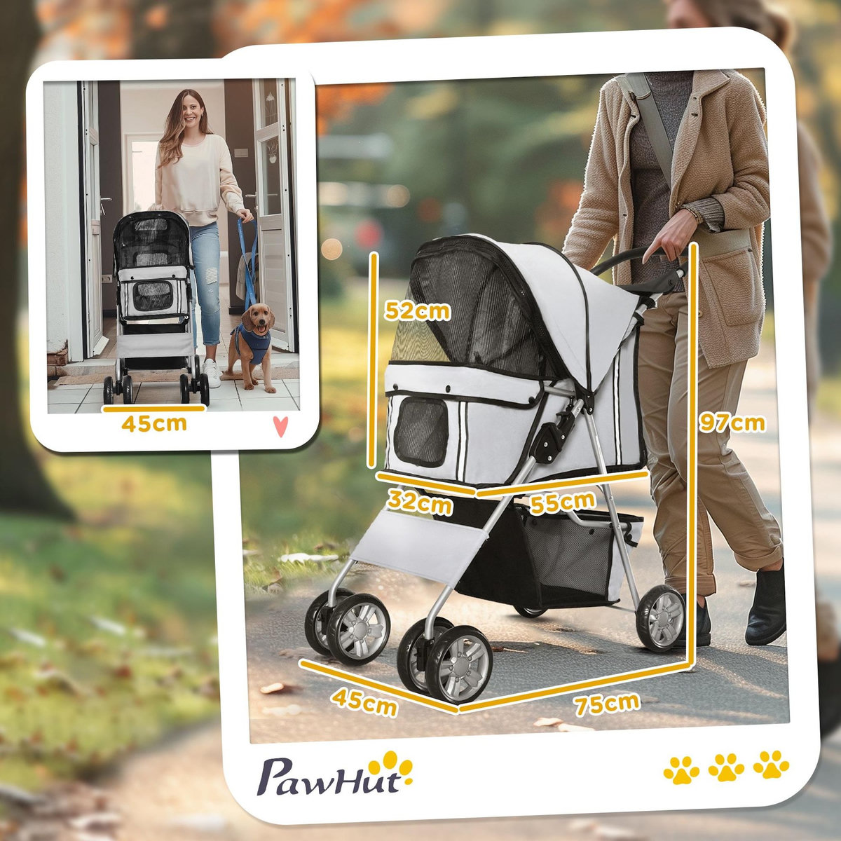 PAWHUT Poussette buggy pliable animaux chariot pliant chien chat porte-gobelet panier de rangement inclus roues avec frein tissu 600D Oxford métal gris